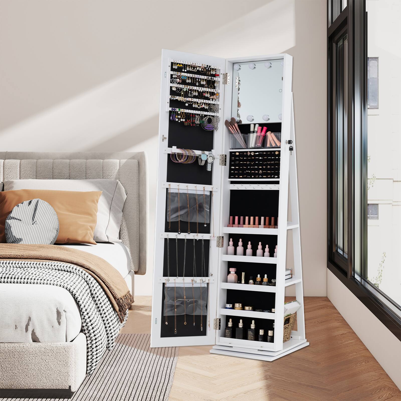 Alt View 1. Gymax - Gymax 360 degree Swivel Jewelry Cabinet w/Full Length Mirror Back Shelves Lights for Bedroom White - White.