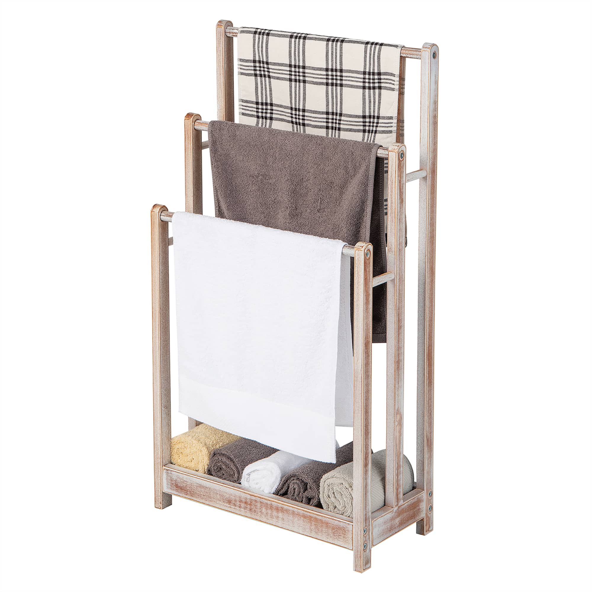 Gymax - 3-Bar Freestanding Towel Rack w/ Bottom Storage Shelf Anti-toppling Device Washed White - Washed White