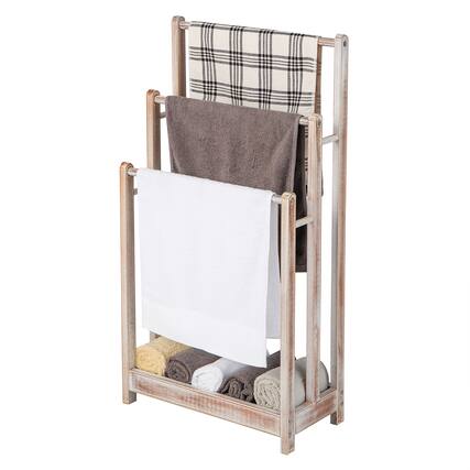 Front. Gymax - Gymax 3-Bar Freestanding Towel Rack w/ Bottom Storage Shelf Anti-toppling Device Washed White - Washed White.