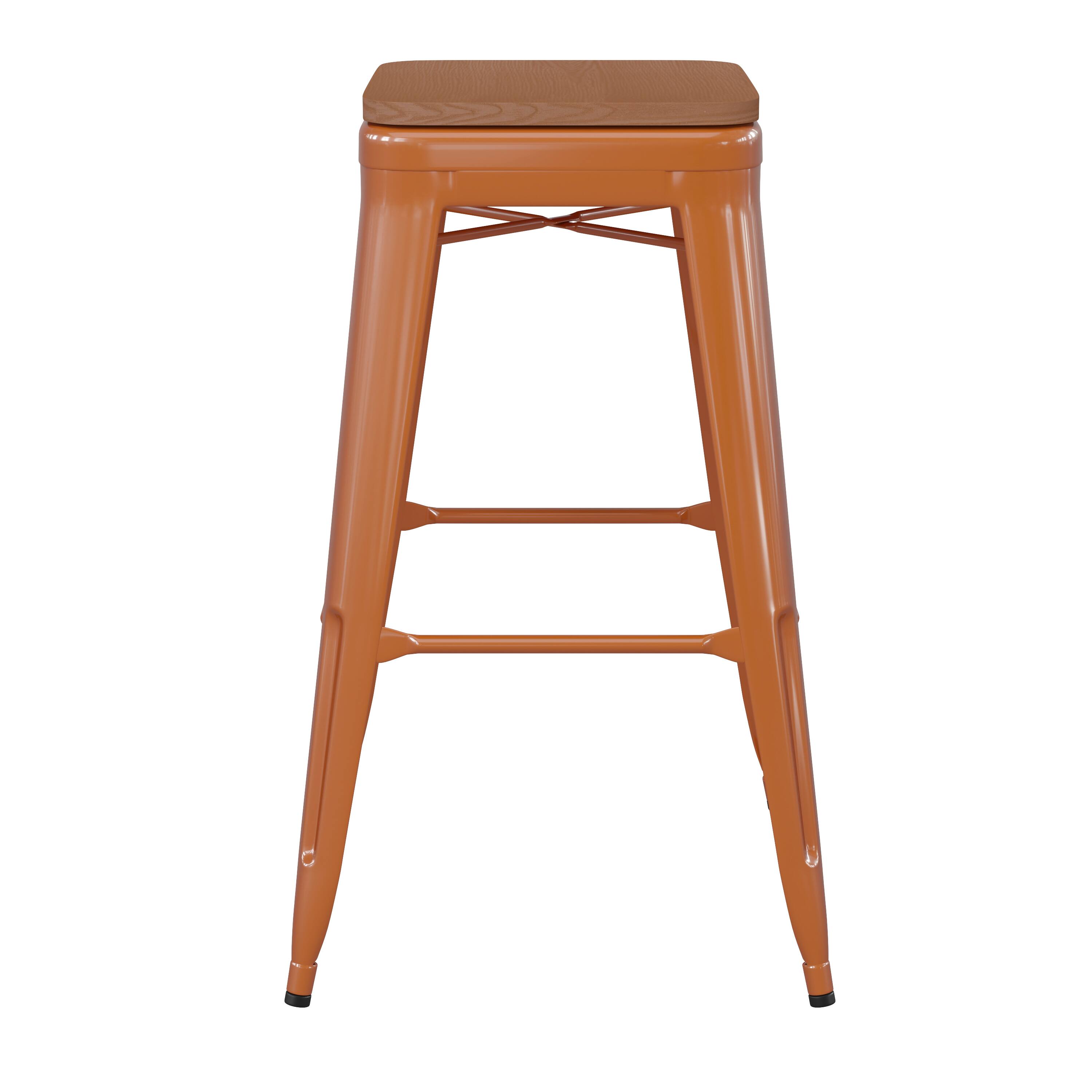 Alt View 10. Emma + Oliver - Kam Backless Metal Indoor-Outdoor Stool with All-Weather Polystyrene Seat - Teak Seat/Orange Frame.