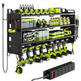 HAUSOURCE - 17.13 in. Metal Standard Modular 4 Layers Wall Rack Shelves Tool Storage Garage Cabinets with 8 Drill Holders ,Black - Black