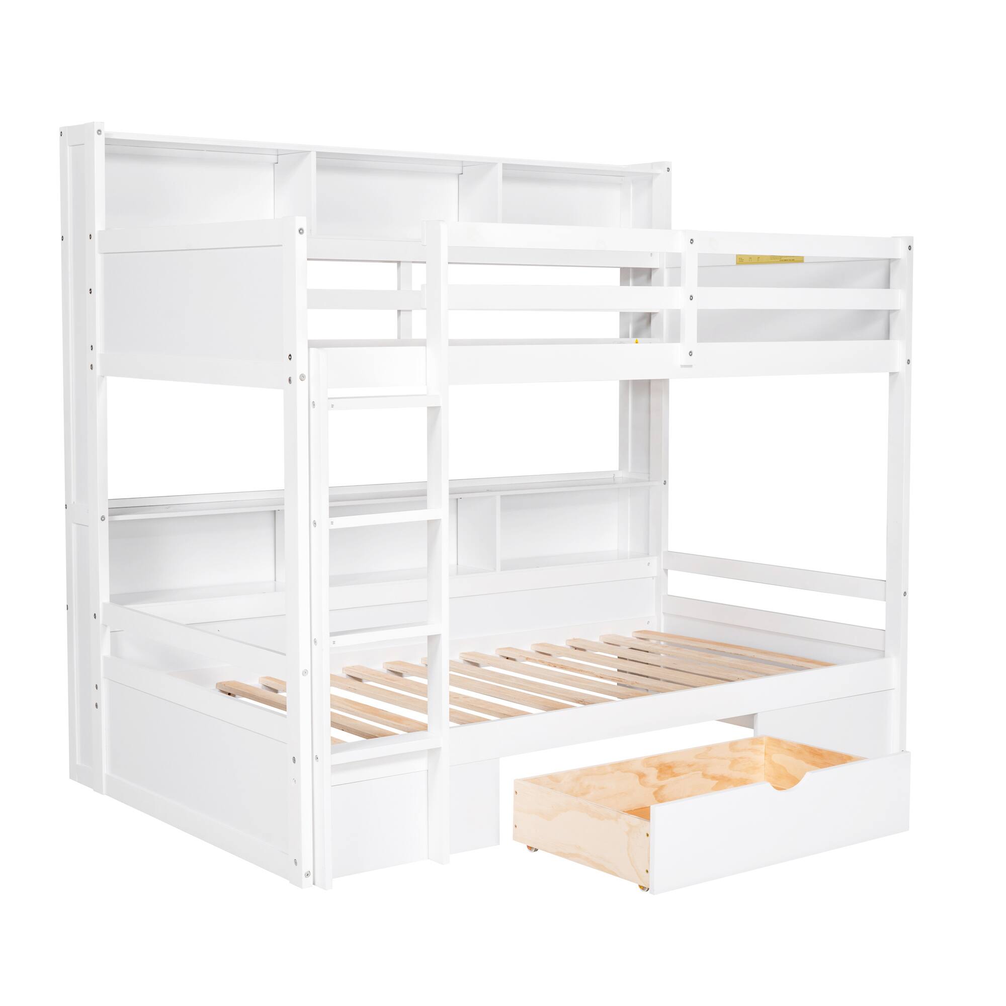 Back. Anysun - Twin Size Bunk Bed with Built-in Shelves & Storage Drawer, Space-Saving Wooden Bunk Bed for Kids or Dorm Room - White.