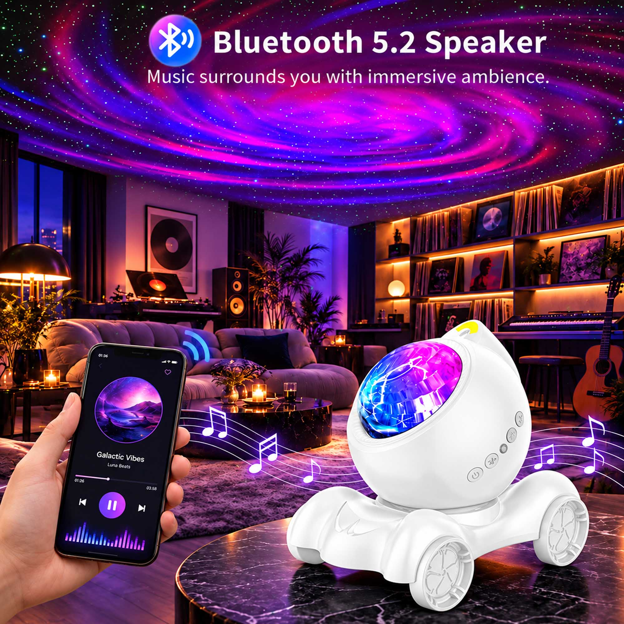Bluetooth 5.2 Speaker  
Music surrounds you with immersive ambience.

Galactic Vibes  
Luna Beats  
01:26  
00:50
