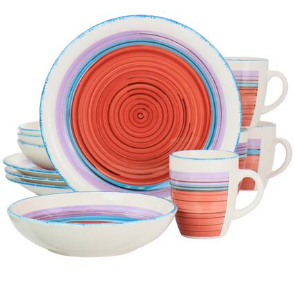 Front. Gibson - Gibson Home Richvale 12 Piece Round Durastone Dinnerware Set in Red - Red.