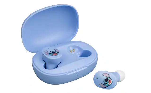 Front. eKids - eKids Disney Stitch Wireless Earbuds for Kids, Bluetooth Earbuds with Charging Case - Blue.