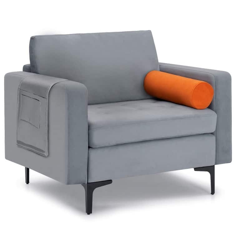 Kadyn - Modern Single Sofa with Cushion Bolster and Side Storage Pocket, Upholstered Armchair for Living Room - Gray