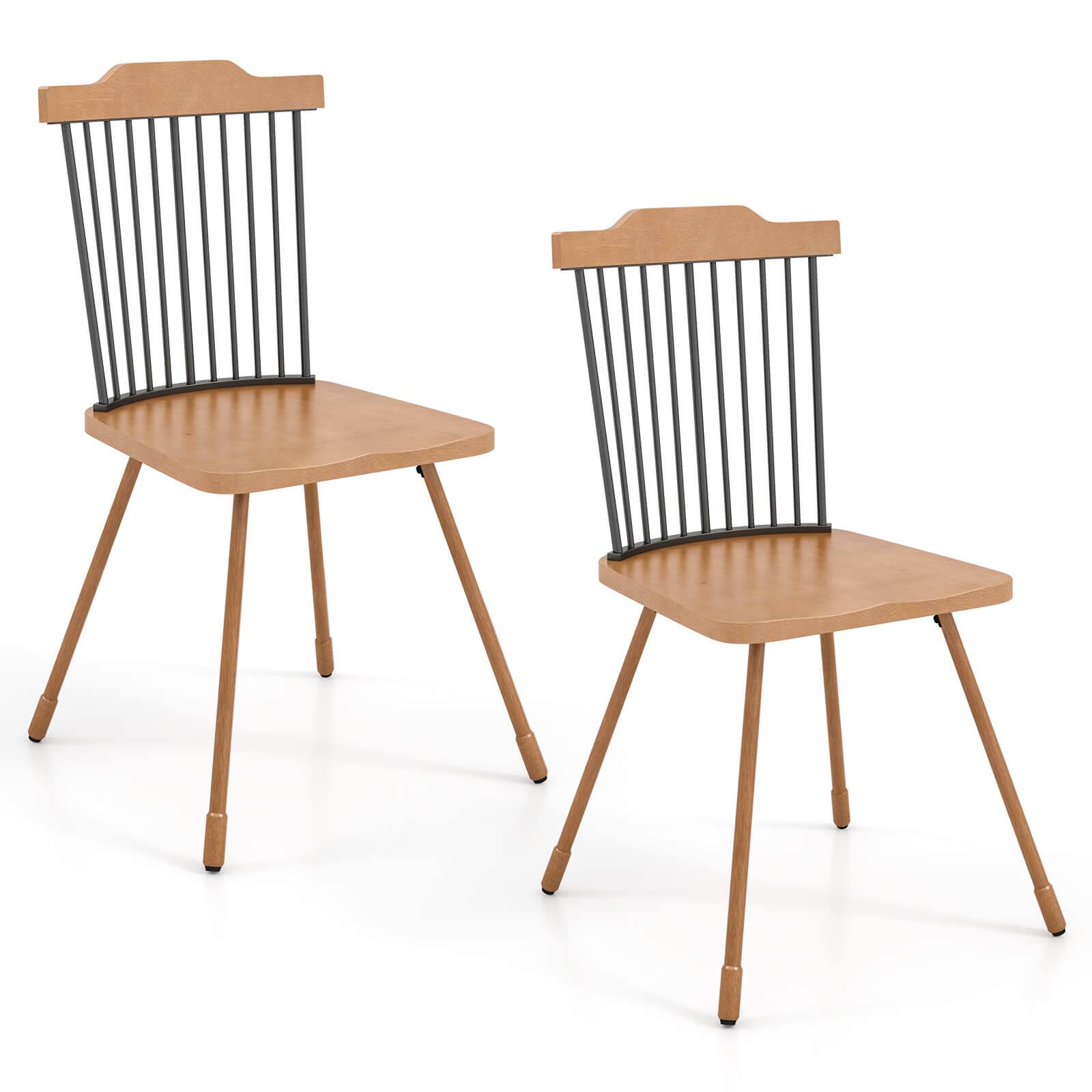 Costway - Windsor Chair Set of 2 Metal Legs Supported Dining Chair Farmhouse Armless Chair - Natural,Black