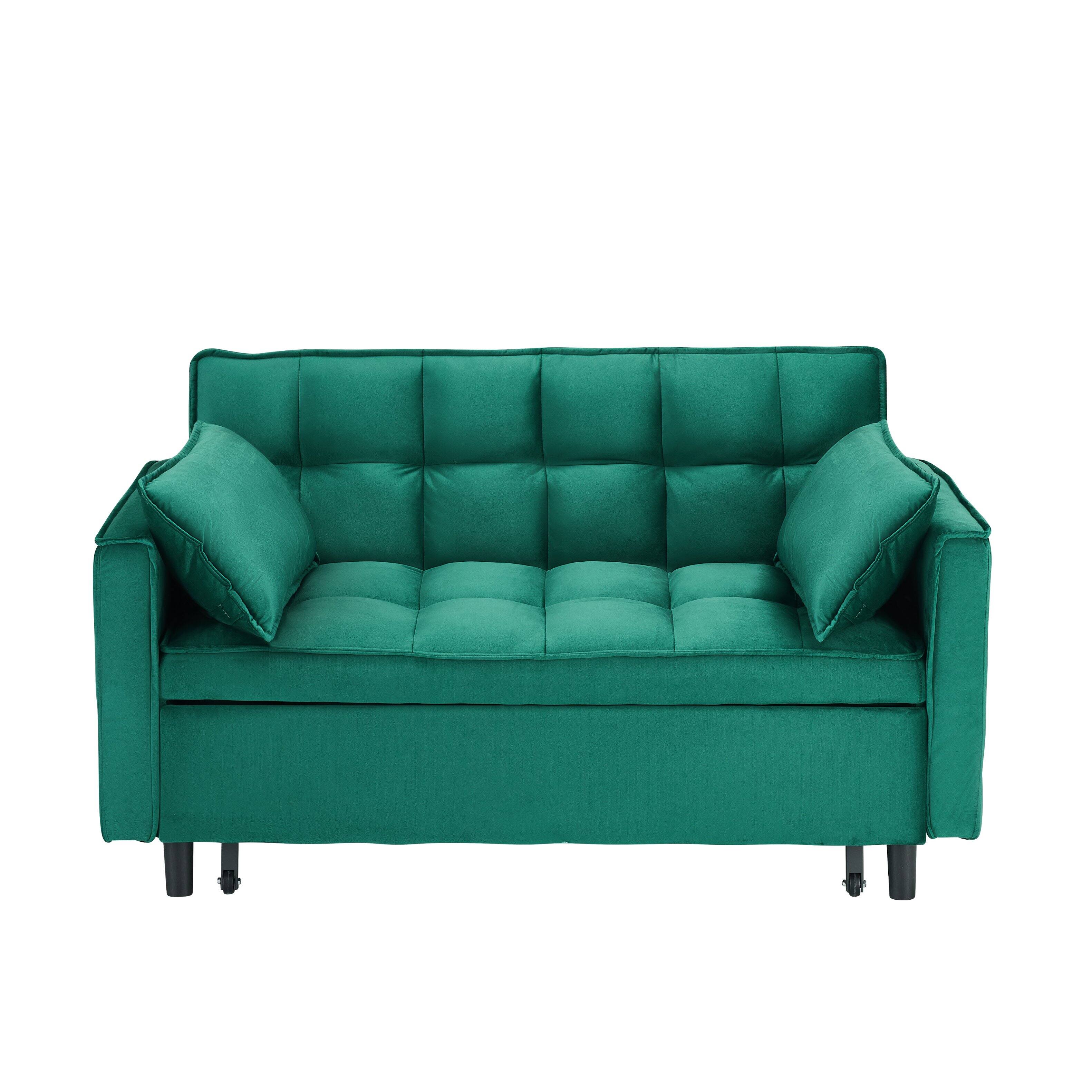 Back. GOODSILO - Elegant 55-Inch Velvet Sofa Bed with Storage Pockets - Three-in-One Convertible Design - Green.