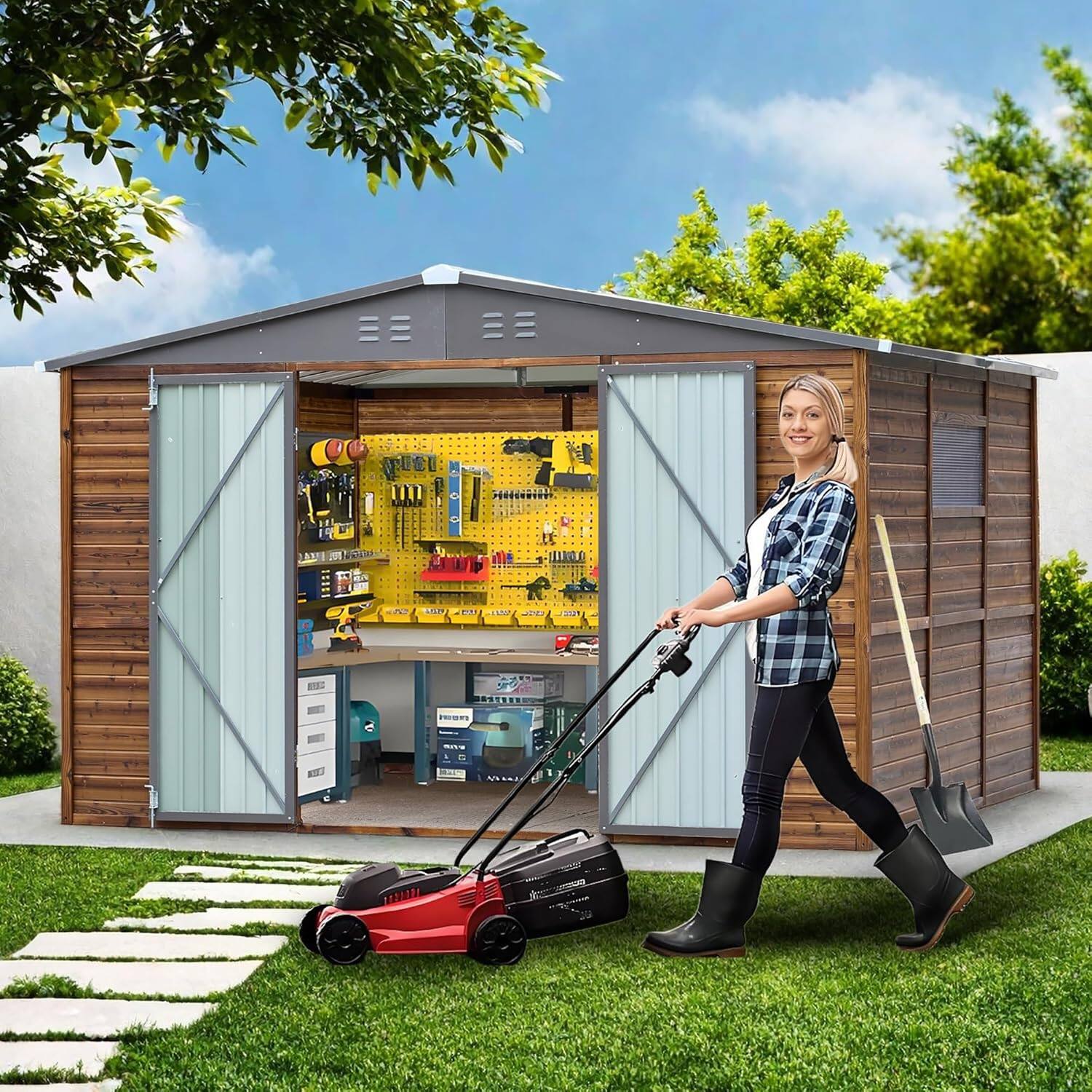 Left. Yardgrace - 8x10 FT Outdoor Wood Storage Shed with Windows, Waterproof Garden Shed for Backyard Patio, 4 Vents No Floor - Brown.