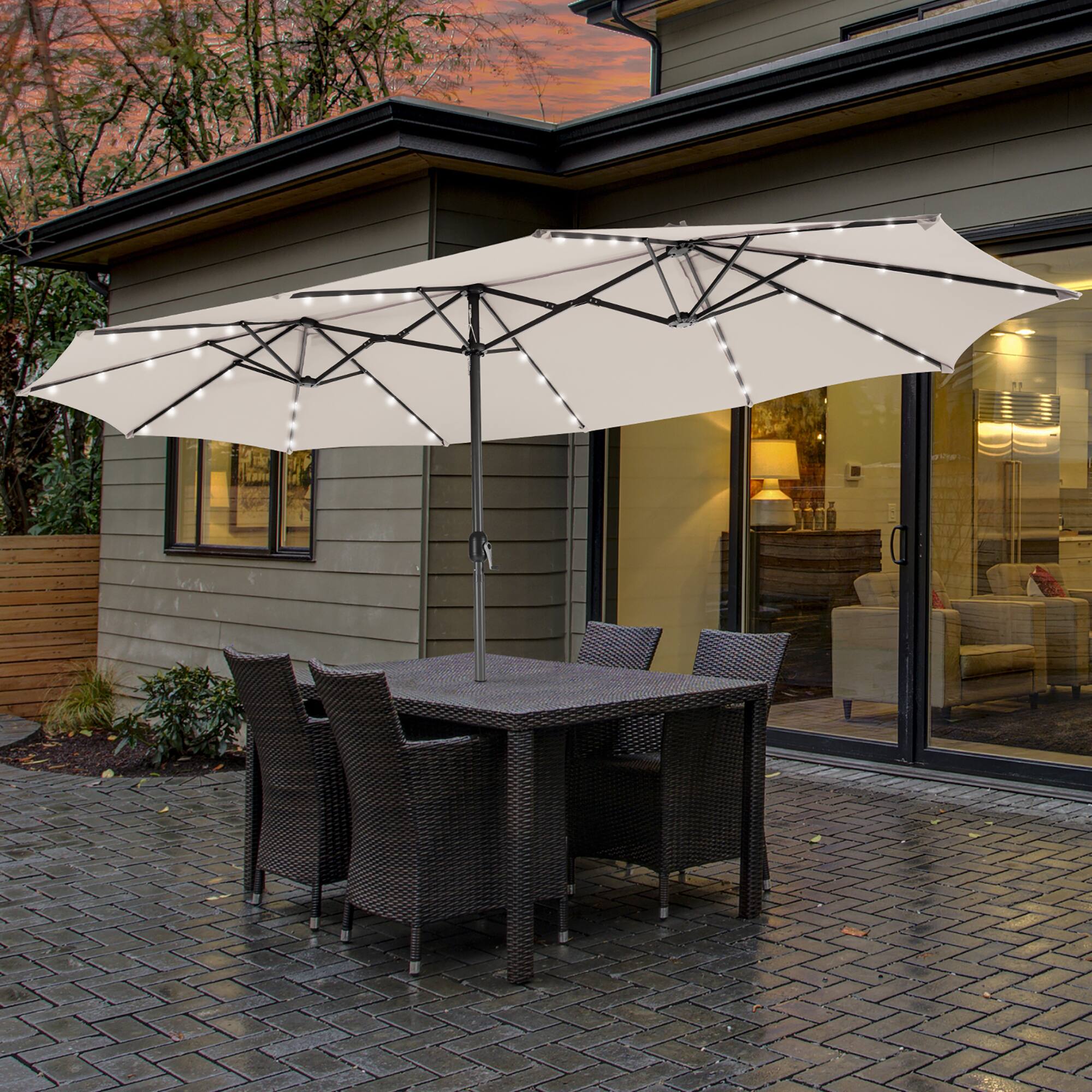 Alt View 1. Costway - 15FT Twin Patio Double-Sided Umbrella 48 Solar LED Lights Crank Outdoor - Beige.