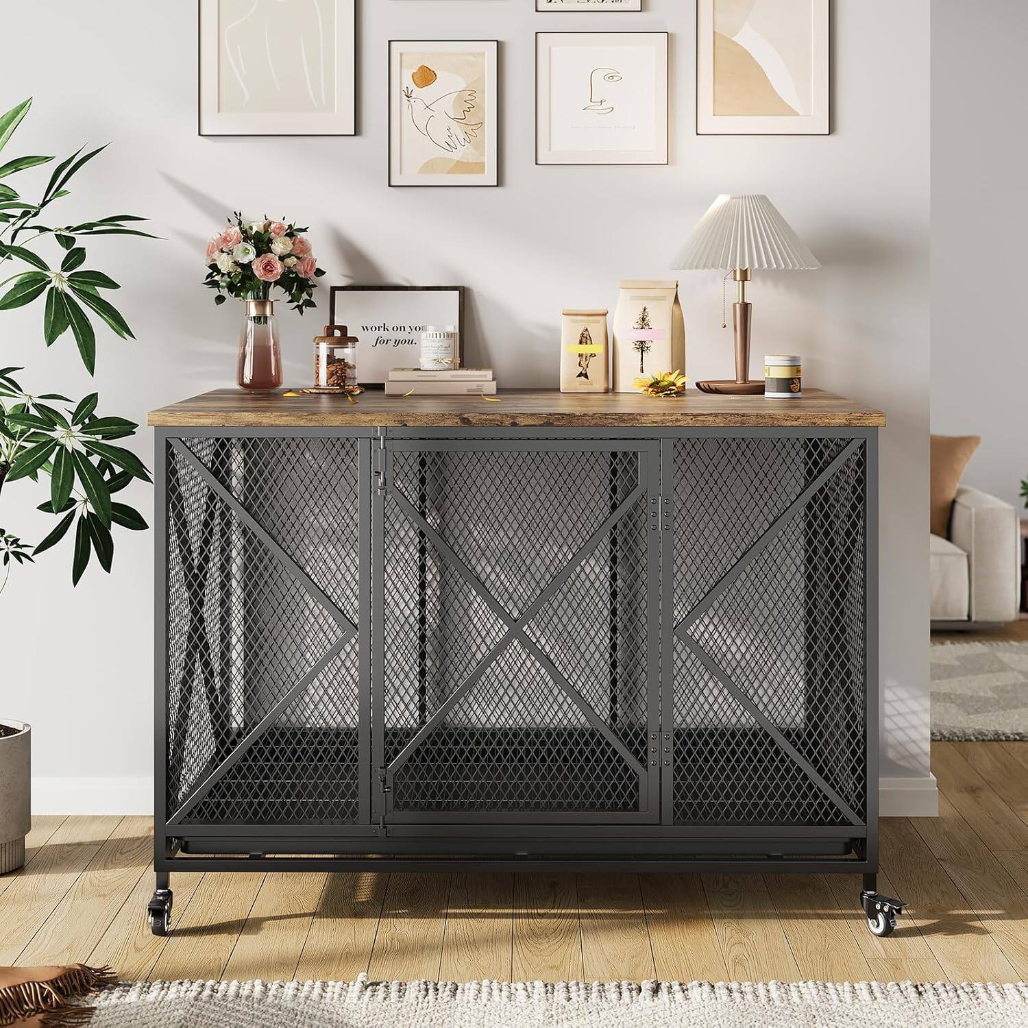 GARVEE - 48 in Heavy Duty Dog Crate Furniture with Wheels, Flip Top Dog ...