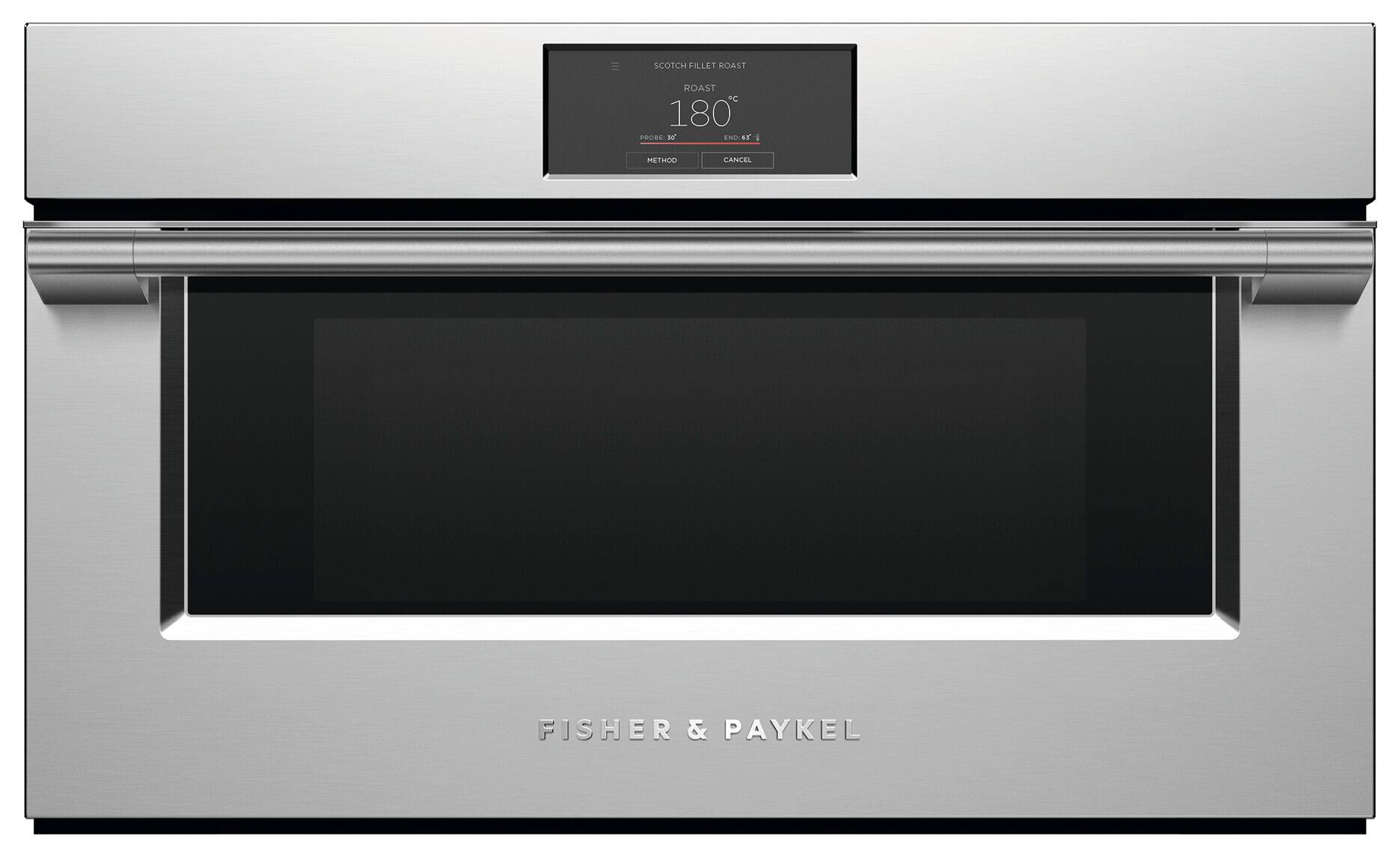 Fisher & Paykel oven with a digital display showing the temperature at 180 degrees.