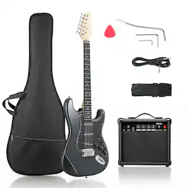 Winado - 39 Inch Electric Guitar Solid Body Beginner Kit with Gig Bag Includes Picks, Tremolo Bar, Extra Strings 20W AMP - Black&Grey