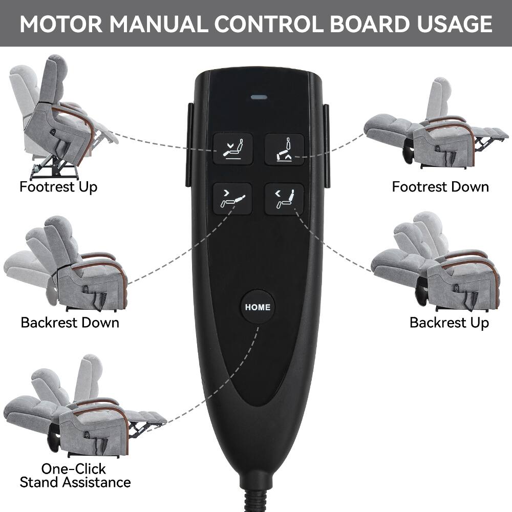MOTOR MANUAL CONTROL BOARD USAGE

- Footrest Up
- Footrest Down
- Backrest Down
- HOME
- Backrest Up
- One-Click Stand Assistance