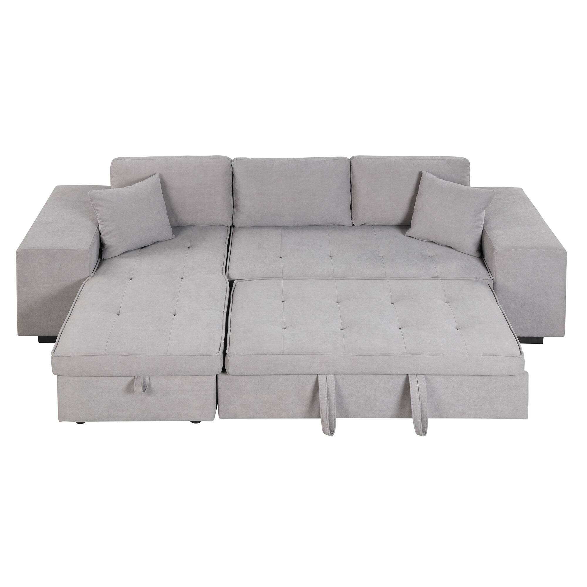 Back. LUCKY ONE - 104.5" L-Shape Reversible Pull-Out Sleeper Sectional Sofa with Storage Chaise & 2 Stools - Gray.