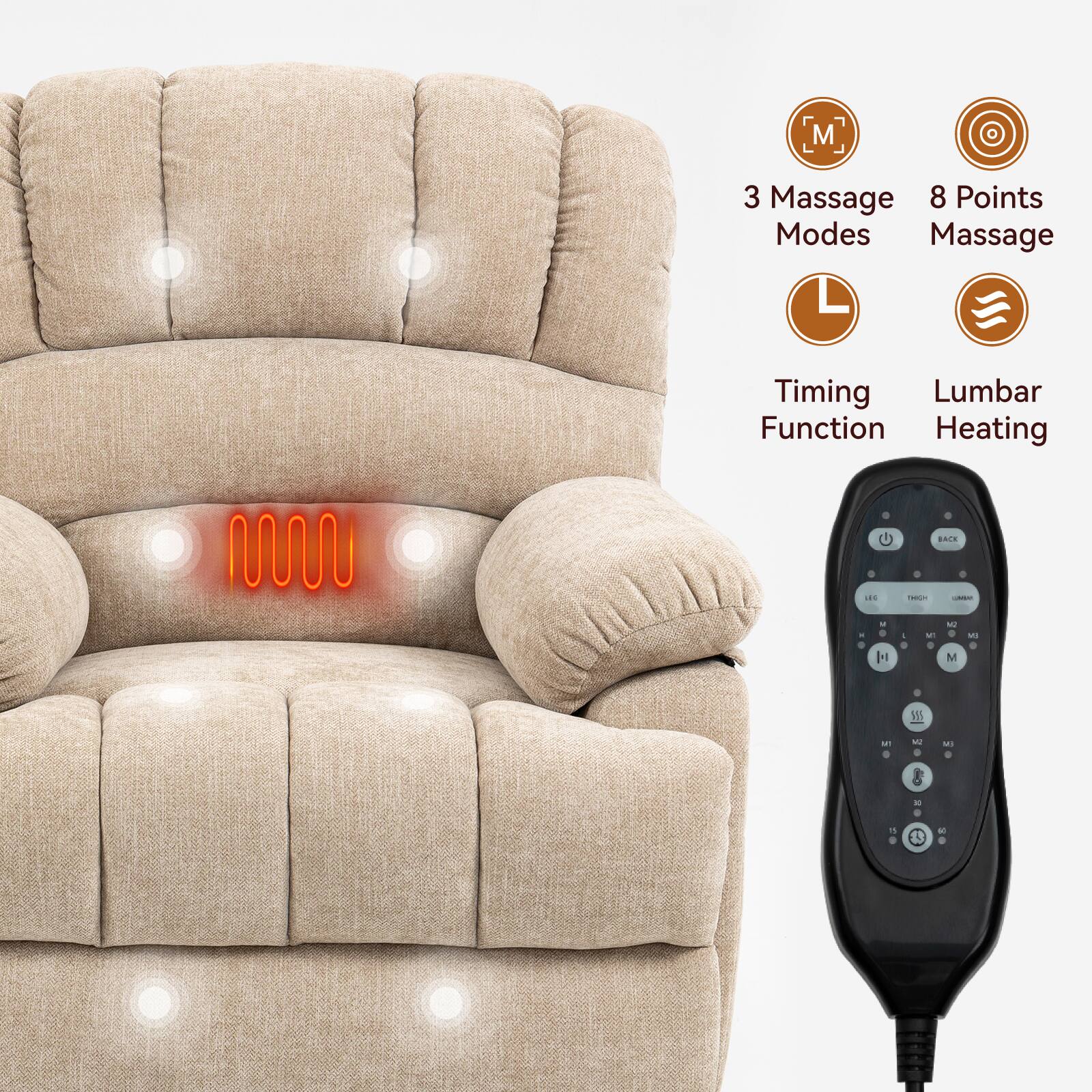 3 Massage Modes  
8 Points Massage  
Timing Function  
Lumbar Heating