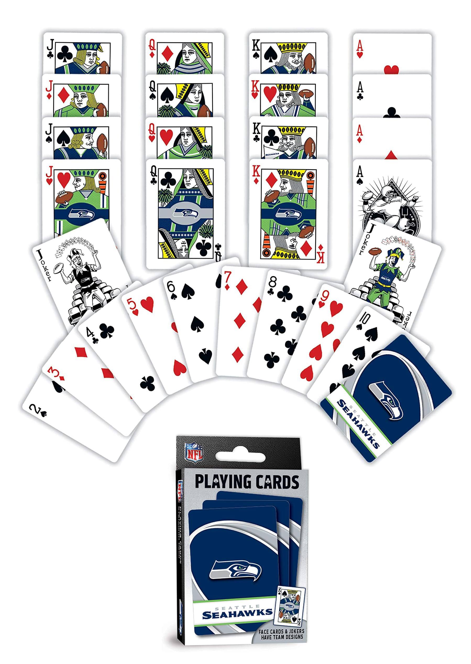 Sure, here is the corrected and grouped text from the image:

---

**Joker 5**  
**A**  
**K**  
**Q**  
**J**  
**10**  
**9**  
**8**  
**7**  
**6**  
**5**  
**4**  
**3**  
**2**  

**NFL PLAYING CARDS**  
**SEATTLE SEAHAWKS**  
**FACE CARDS & JOKERS HAVE TEAM DESIGNS**  

**PLAYING CARDS**  
**SEATTLE SEAHAWKS**  
**FACE CARDS & JOKERS HAVE TEAM DESIGNS**  

---