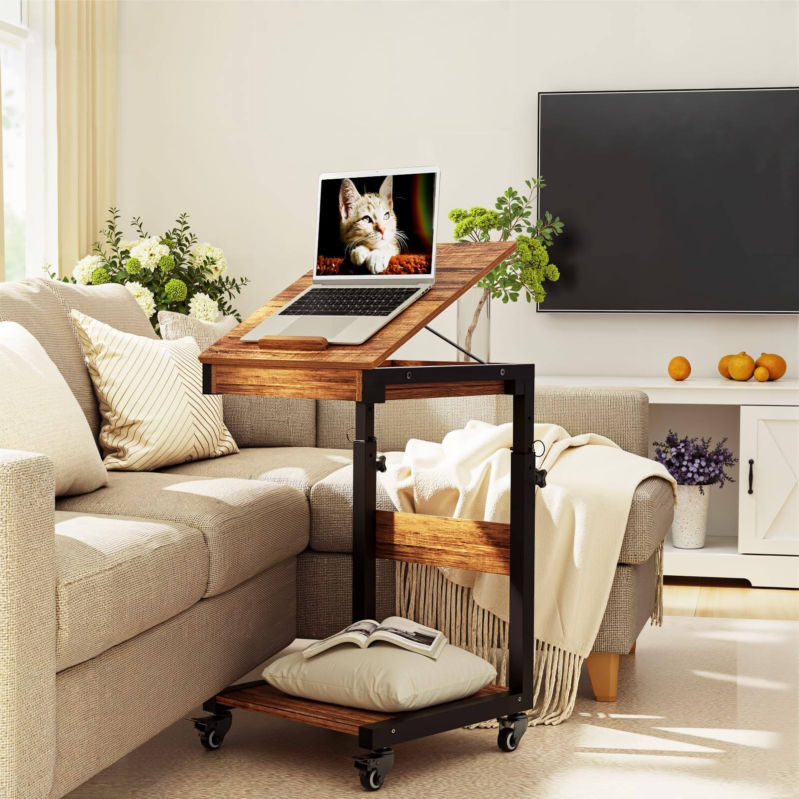 Left. Fabibe - C Shaped End Table With Height Adjustable & Storage Rolling Side Wheels Couch Tiltable Desktop Usb Charging - Walnut.