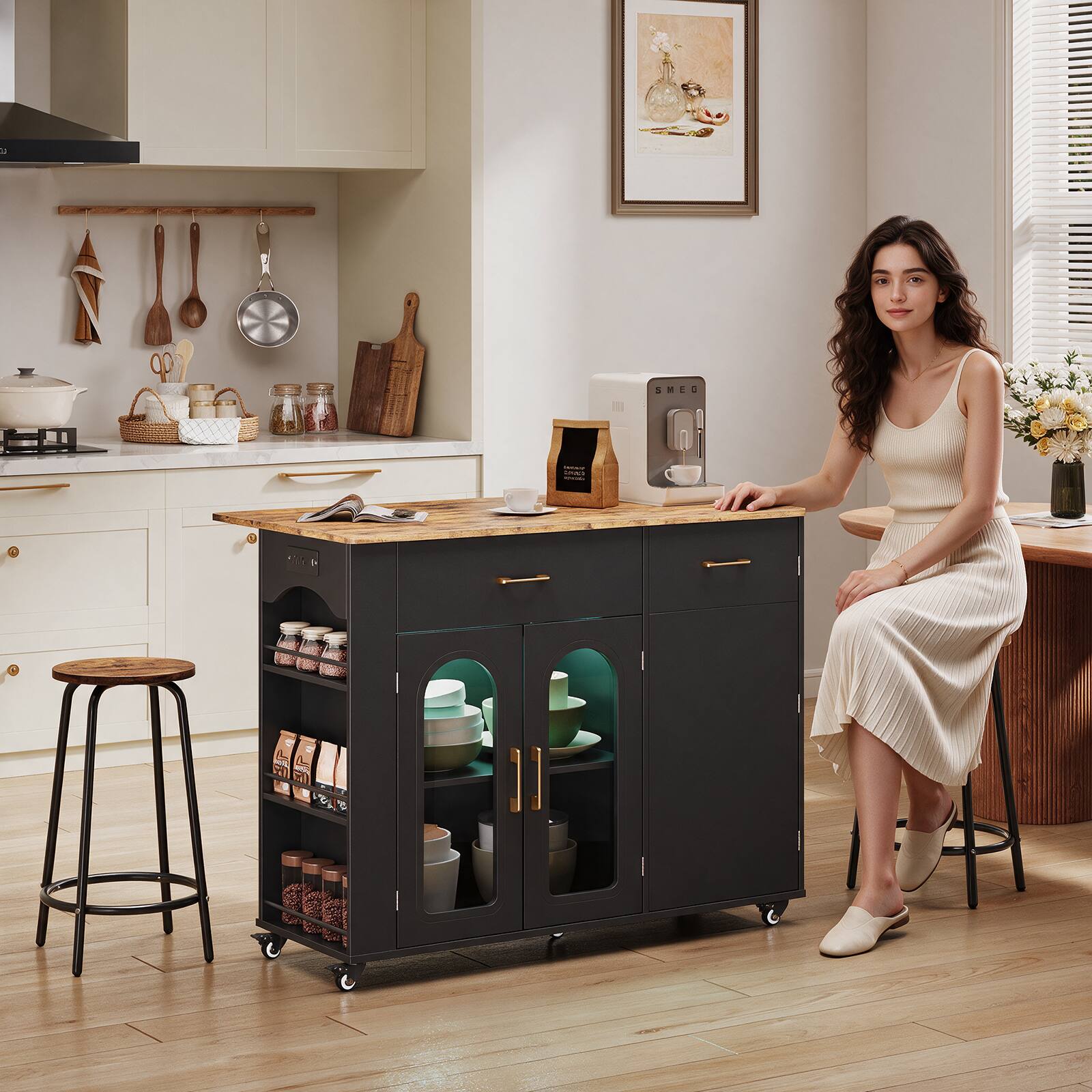 Bestier Kitchen Island Cart with Storage Cabinet LED Lights Power ...
