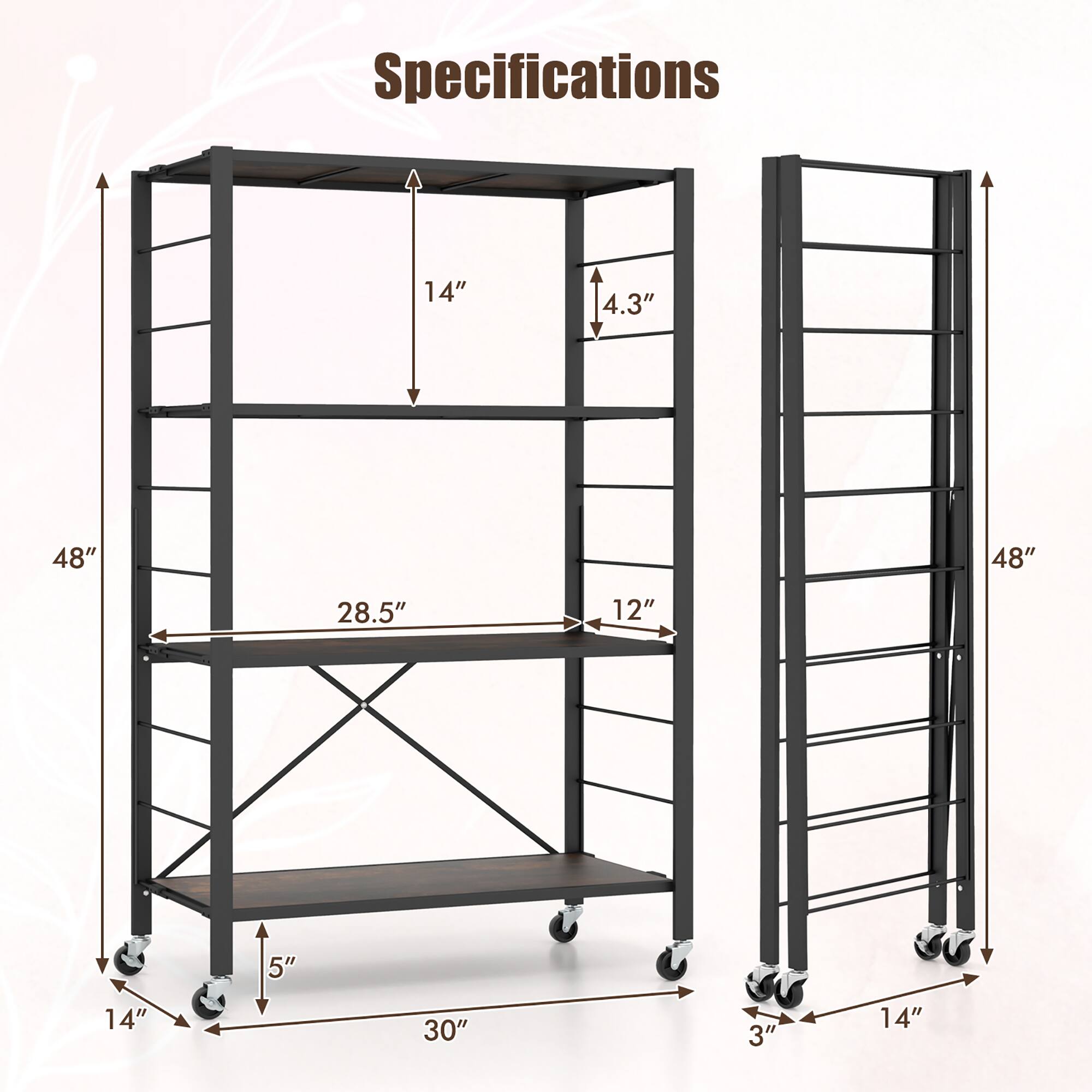 Alt View 2. Gymax - Gymax 4-tier Foldable Storage Shelf w/ Lockable Wheels Home Shelving Unit for Tool Room - Black, Rustic Brown.