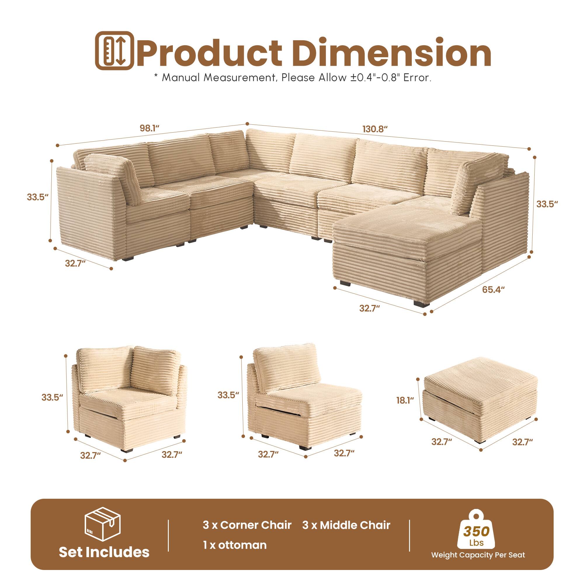 Ovios - 6 Seat U Shaped Modular Sectional Sofa, Modern Deep Seat Couch with Ottoman - Beige - Thumbnail 4