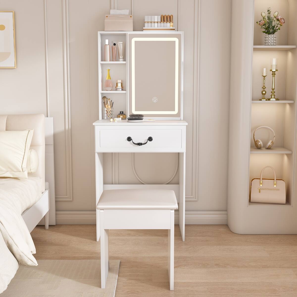 Front. Loheer - Loheer White Makeup Vanity with LED Mirror and Storage - White.