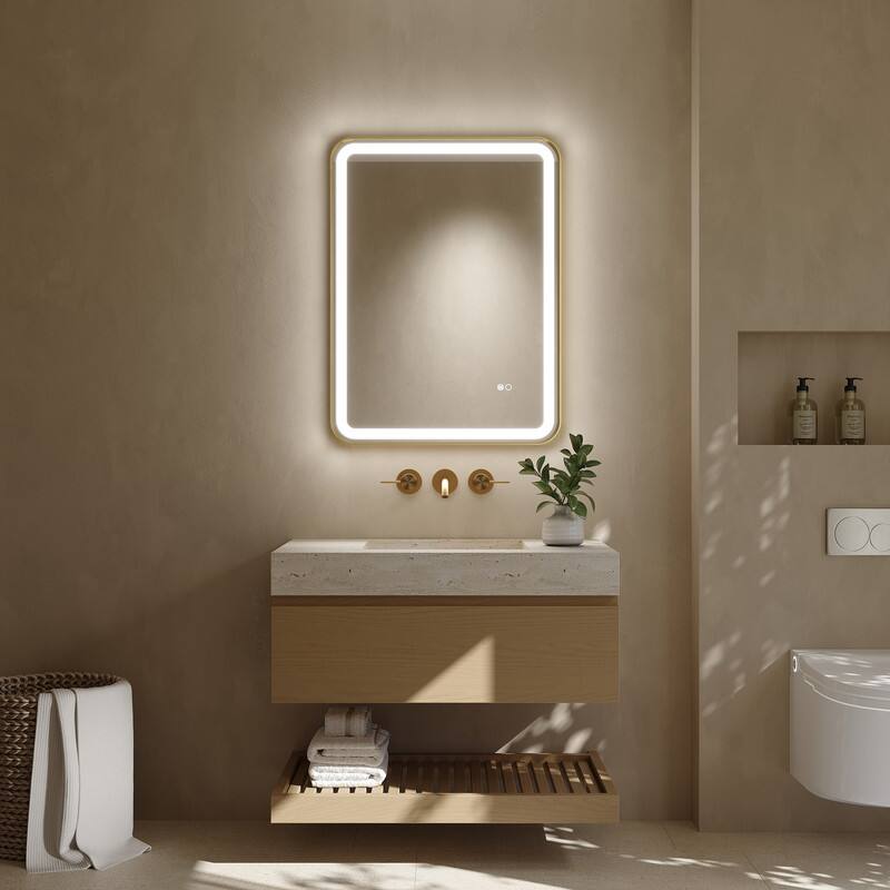 Left. WELLFOR - 24 in. W x 32 in. H Anti-Fog LED Bathroom Mirror, Wall Bathroom Vanity Mirror with Framed Round Corner - Brushed Gold.