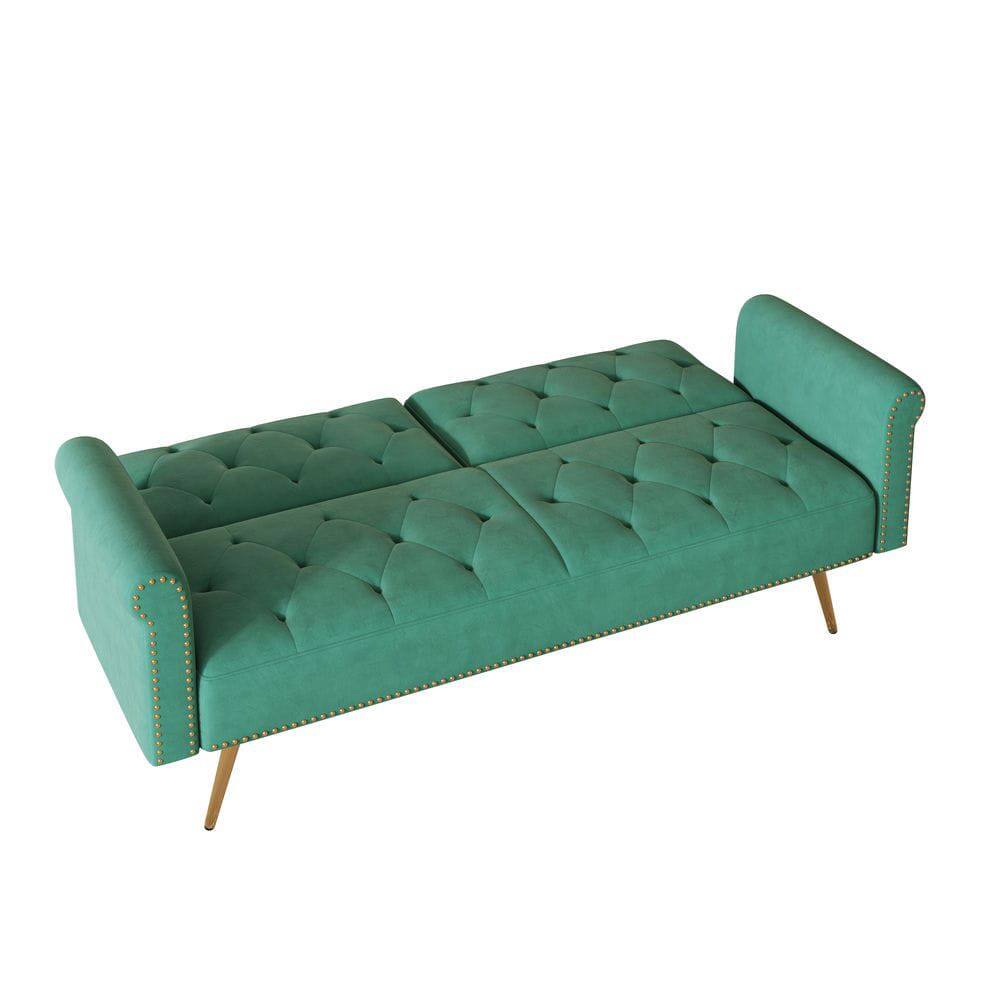 Alt View 6. Resenkos - 69.7" Velvet Sofa Bed with Nail Head Trim & Matching Throw Pillow - Green.
