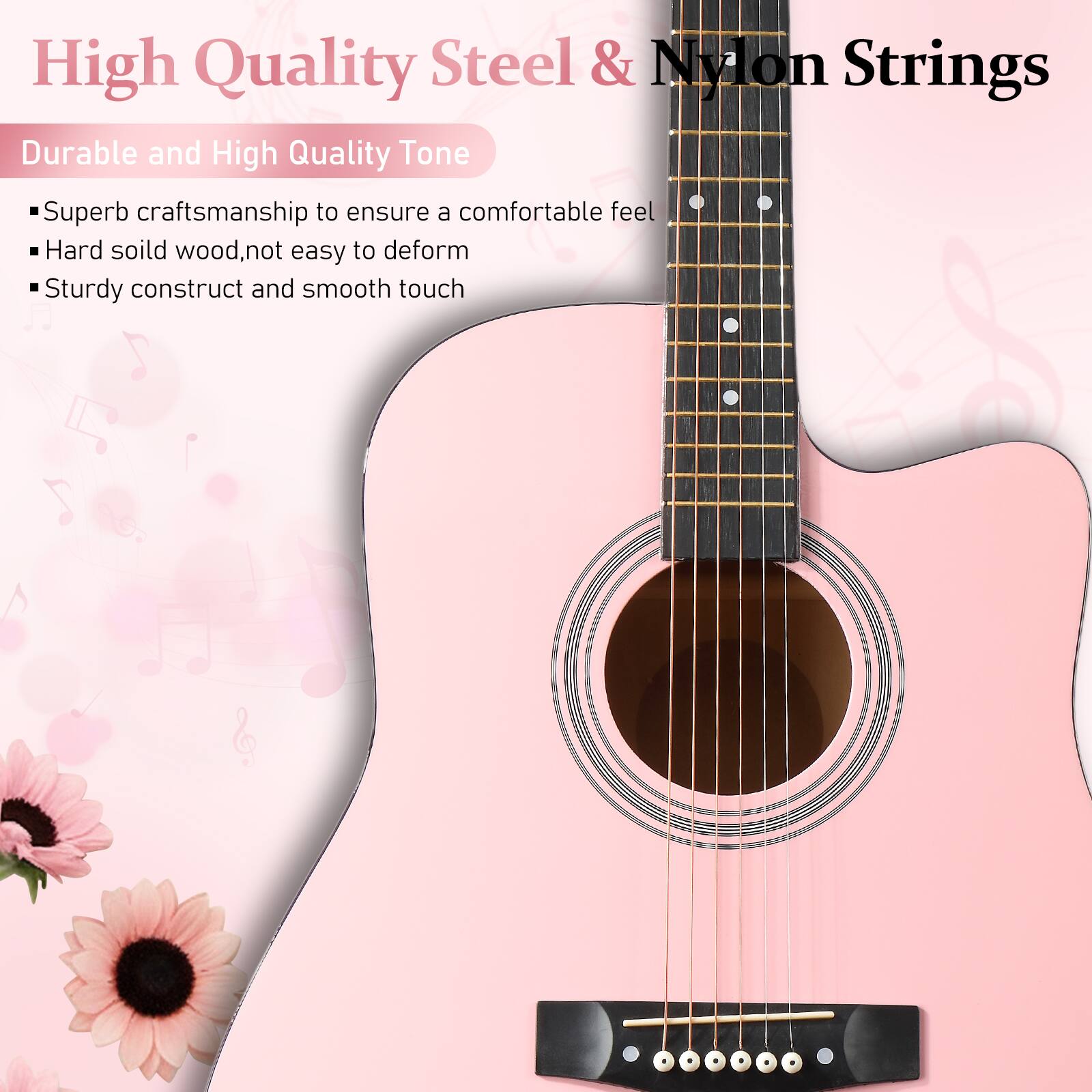High Quality Steel & Nylon Strings

Durable and High Quality Tone

- Superb craftsmanship to ensure a comfortable feel
- Hard solid wood, not easy to deform
- Sturdy construct and smooth touch