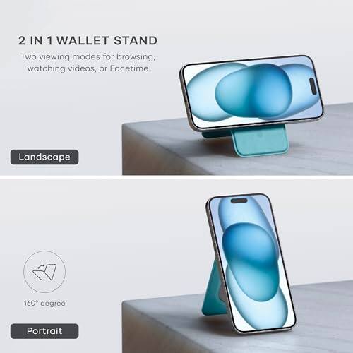 2 IN 1 WALLET STAND  
Two viewing modes for browsing, watching videos, or Facetime  

Landscape  
160 degree  
Portrait