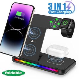 RISOKEYS - Wireless Charger - 3-in-1 Stand-up 15W Wireless Charger for Watch and Earphones with Light, Ambient Light - Black