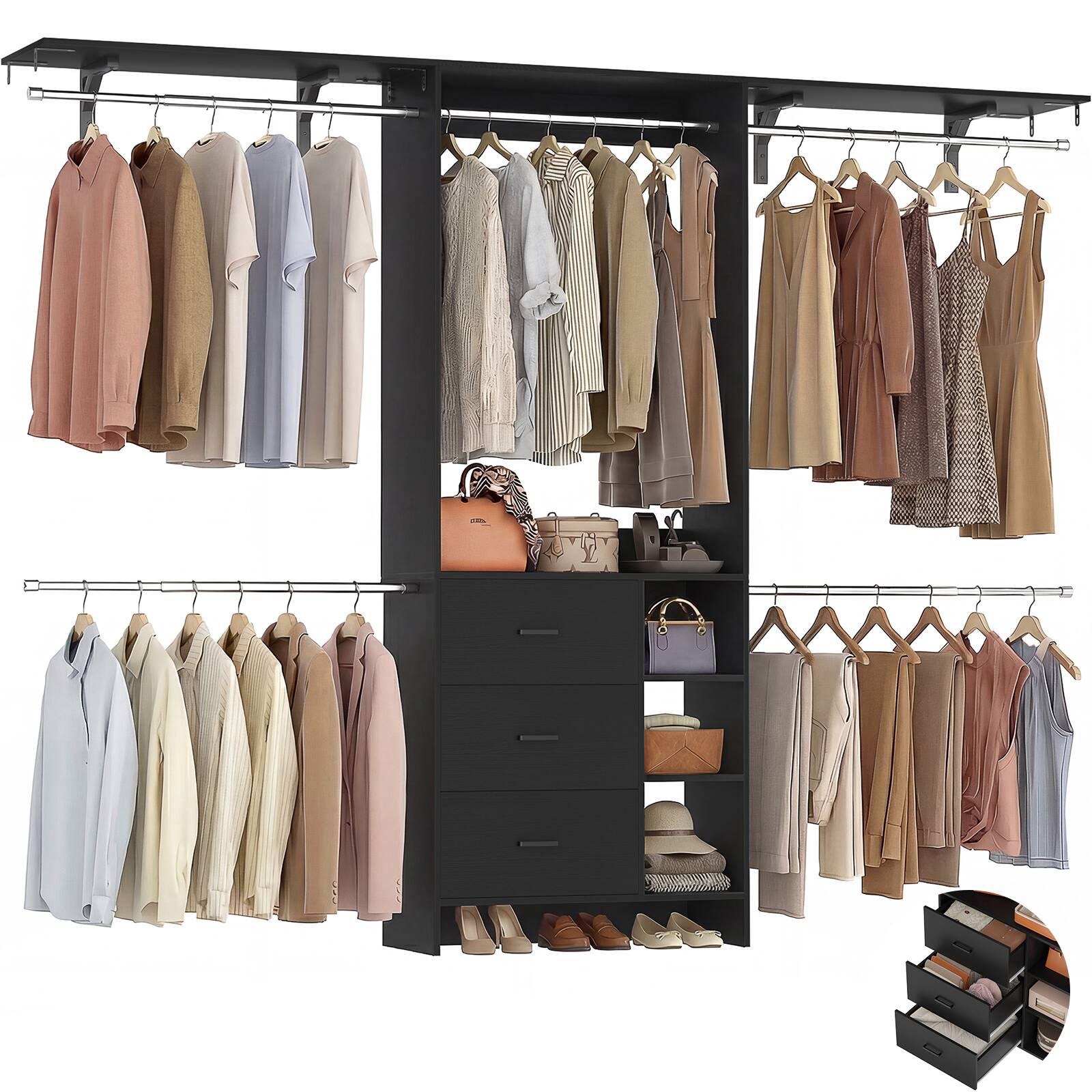 Angle. Aheaplus - 96" Freestanding Closet Organizer: 3 Wood Drawers, Hanging Rods & Shelves. Adjustable (5.3-9ft) - Black.