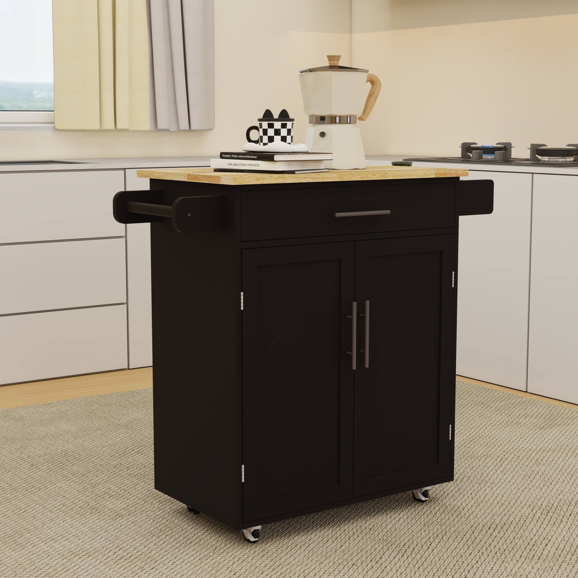 Alt View 6. ELEMENT ACE - Versatile Kitchen Island Cart with Adjustable Shelves, Drawer, Doors, Towel Rack, and Seasoning Rack - Black.