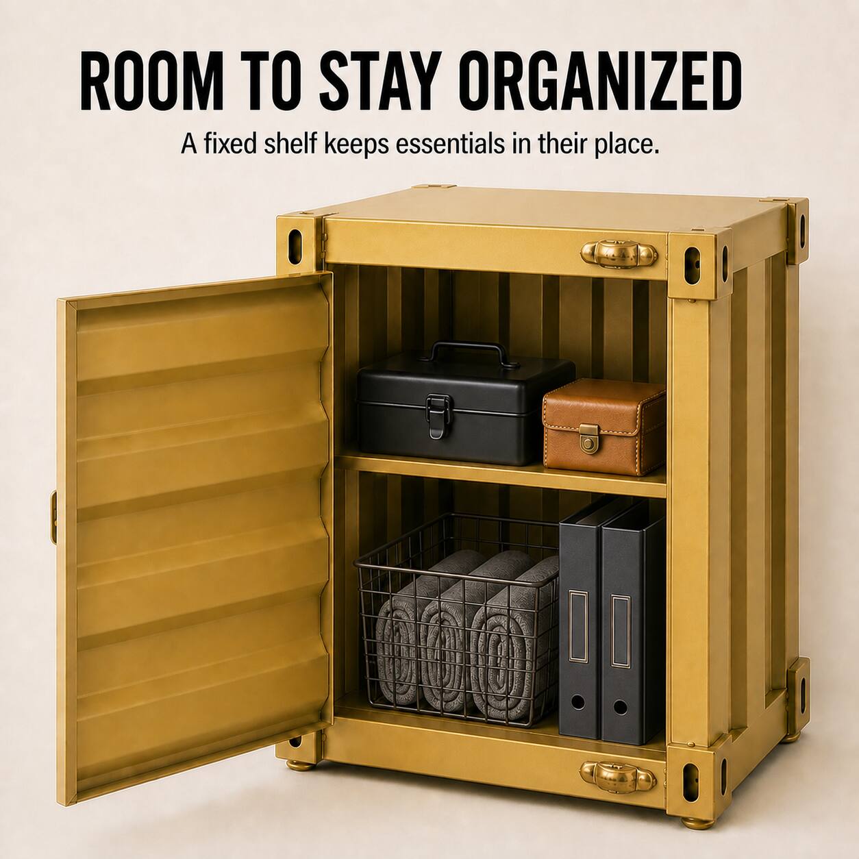 ROOM TO STAY ORGANIZED  
A fixed shelf keeps essentials in their place.