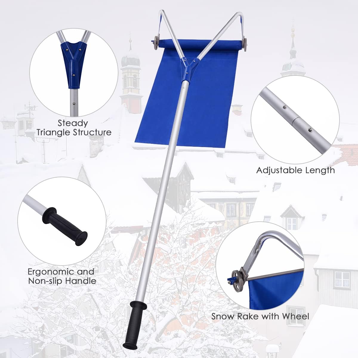 The text on the image is grouped as follows:

1. Steady Triangle Structure
2. Adjustable Length
3. Ergonomic and Non-slip Handle
4. Snow Rake with Wheel