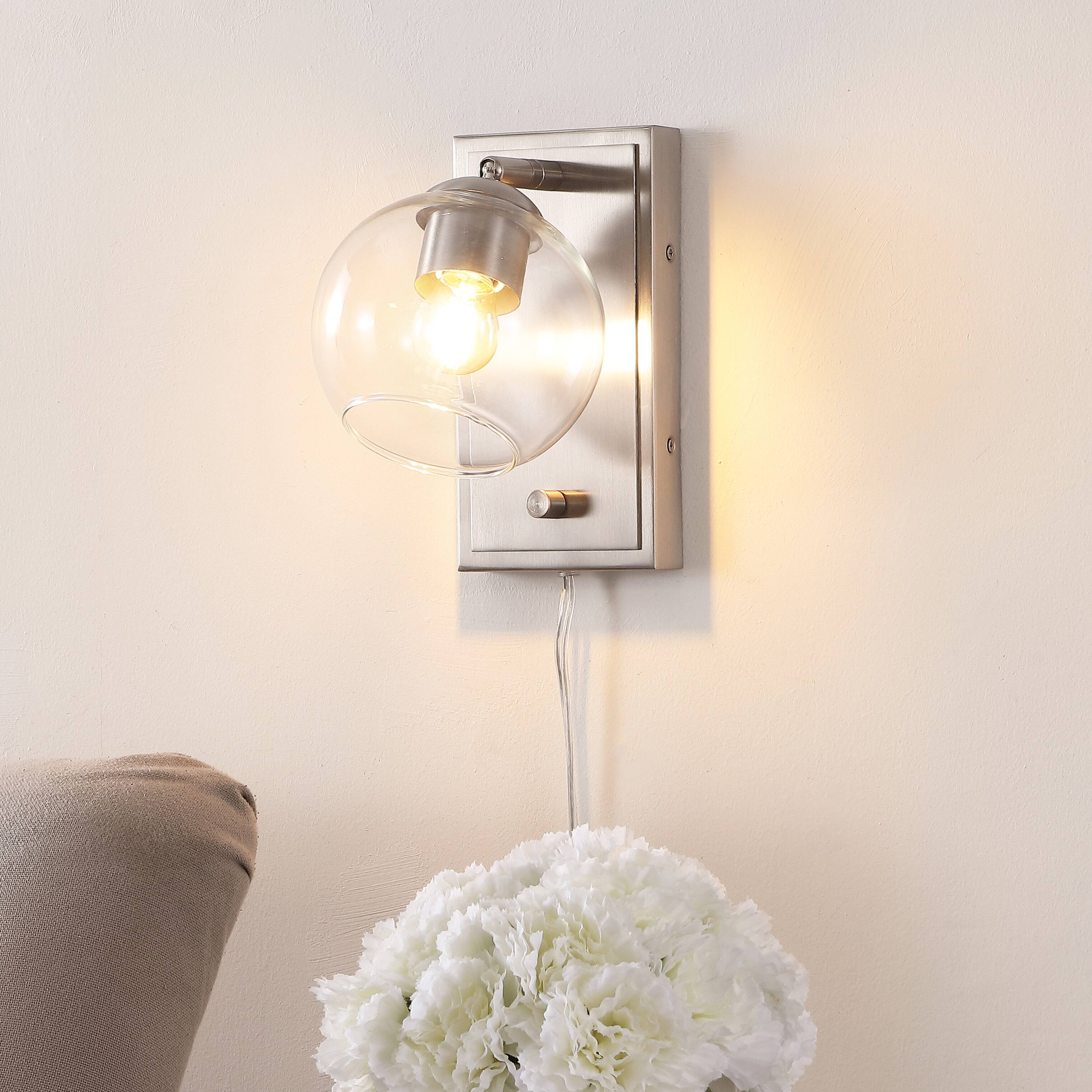 Alt View 1. Jonathan Y - Hugo 6" 1-Light Plug-In or Hardwired Adjustable Iron LED Wall Sconce with Rotary Dimmer, Nickel with Clear Globe - Nickel.