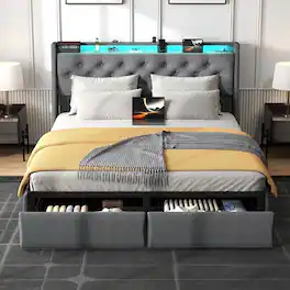 Anysun - Full Size Floating Bed Frame with 2 Storage Drawers & Headboard Shelf – RGB LED Light & USB Charging, Metal Silent - Gray