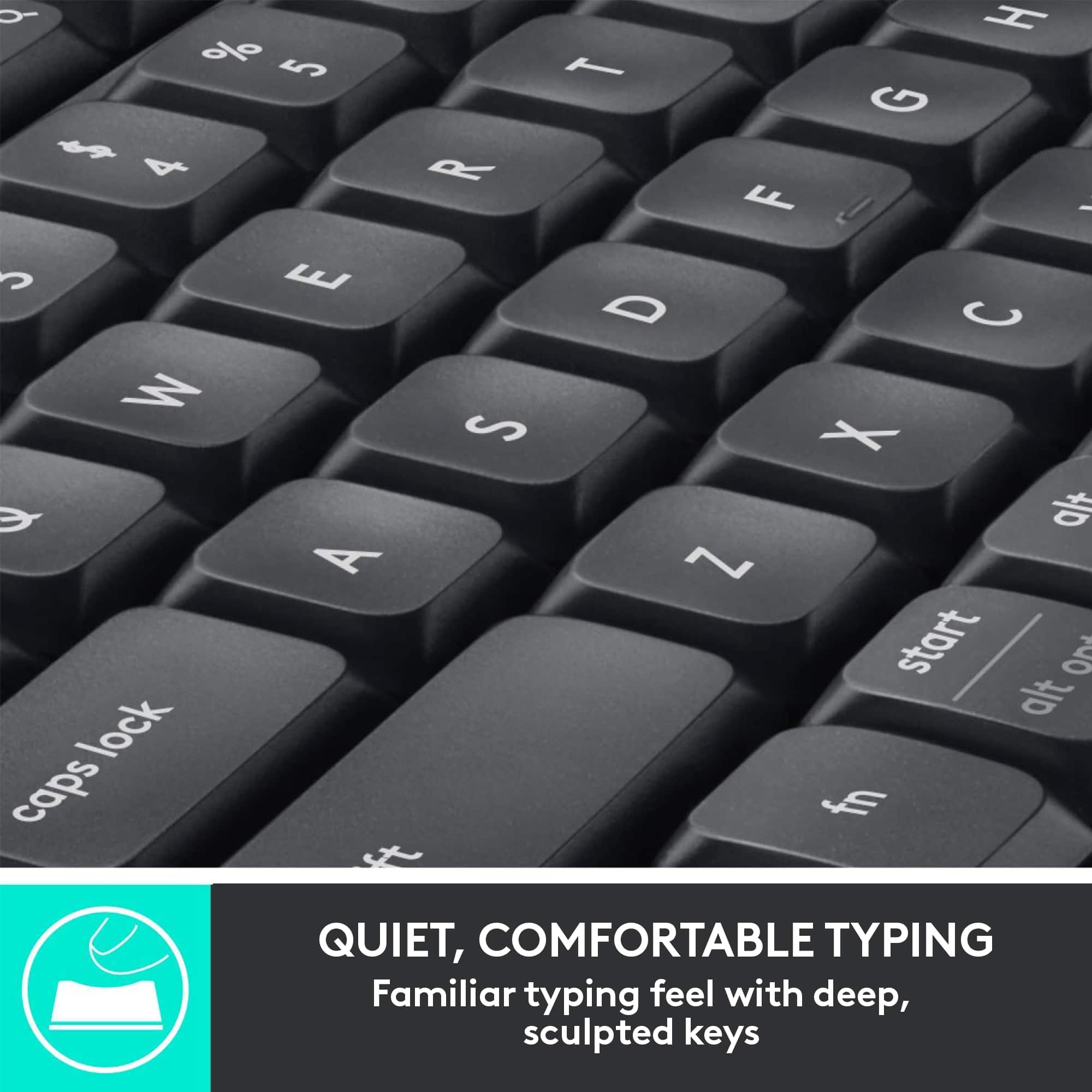Quiet, comfortable typing. Familiar typing feel with deep, sculpted keys.