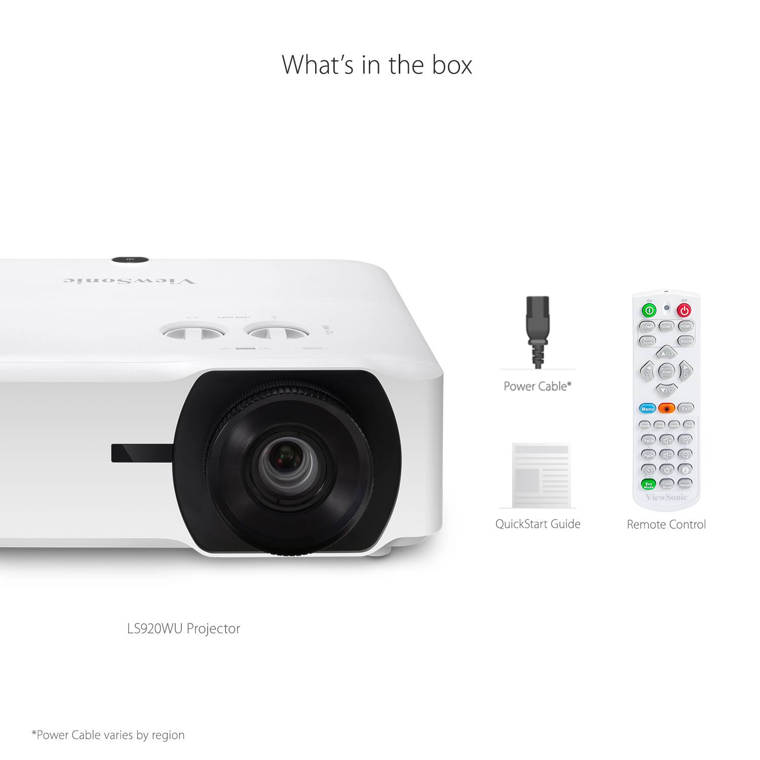 What's in the box

- LS920WU Projector
- Power Cable* (varies by region)
- QuickStart Guide
- Remote Control

*Power Cable varies by region