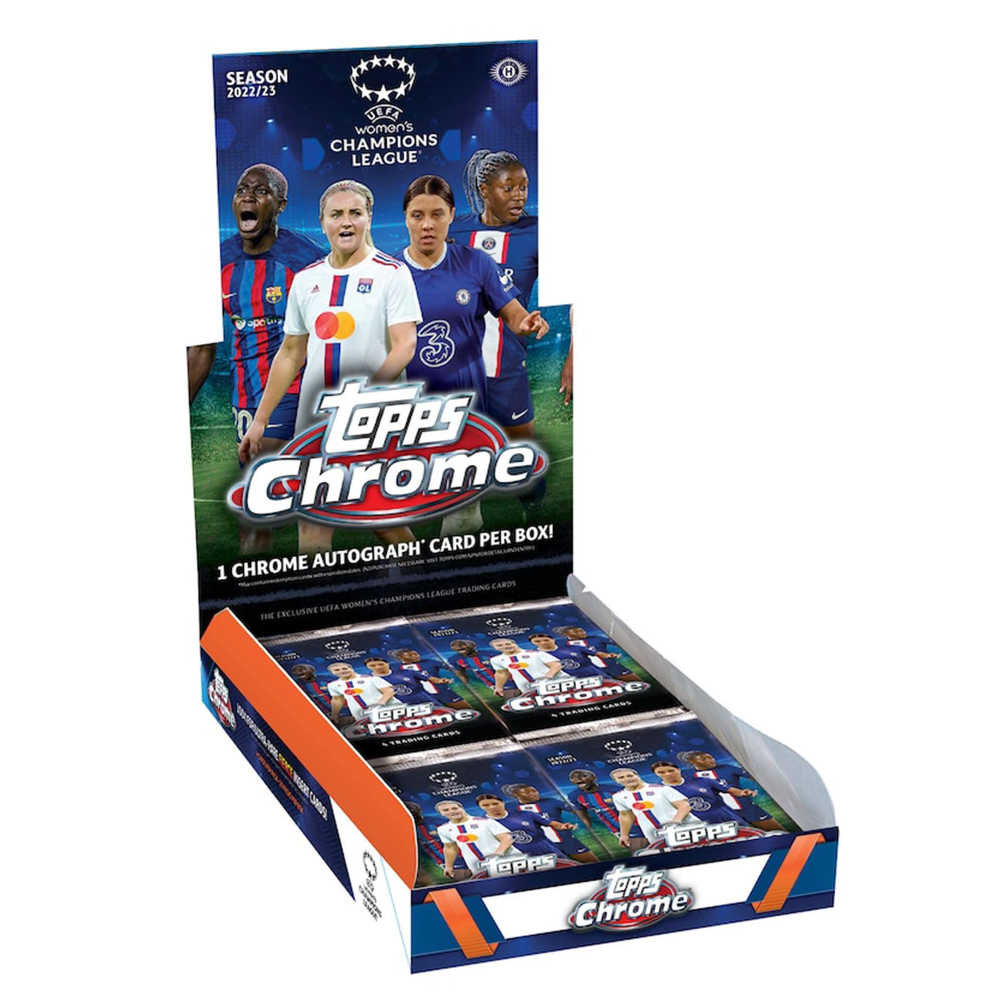 SEASON 2022/23  
UEFA WOMEN'S CHAMPIONS LEAGUE  
TOPPS Chrome  
1 CHROME AUTOGRAPH CARD PER BOX!  
THE EXCLUSIVE UEFA WOMEN'S CHAMPIONS LEAGUE TRADING CARDS