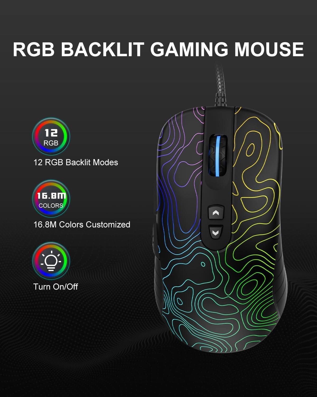 RGB BACKLIT GAMING MOUSE

12 RGB Backlit Modes

16.8M Colors Customized

Turn On/Off