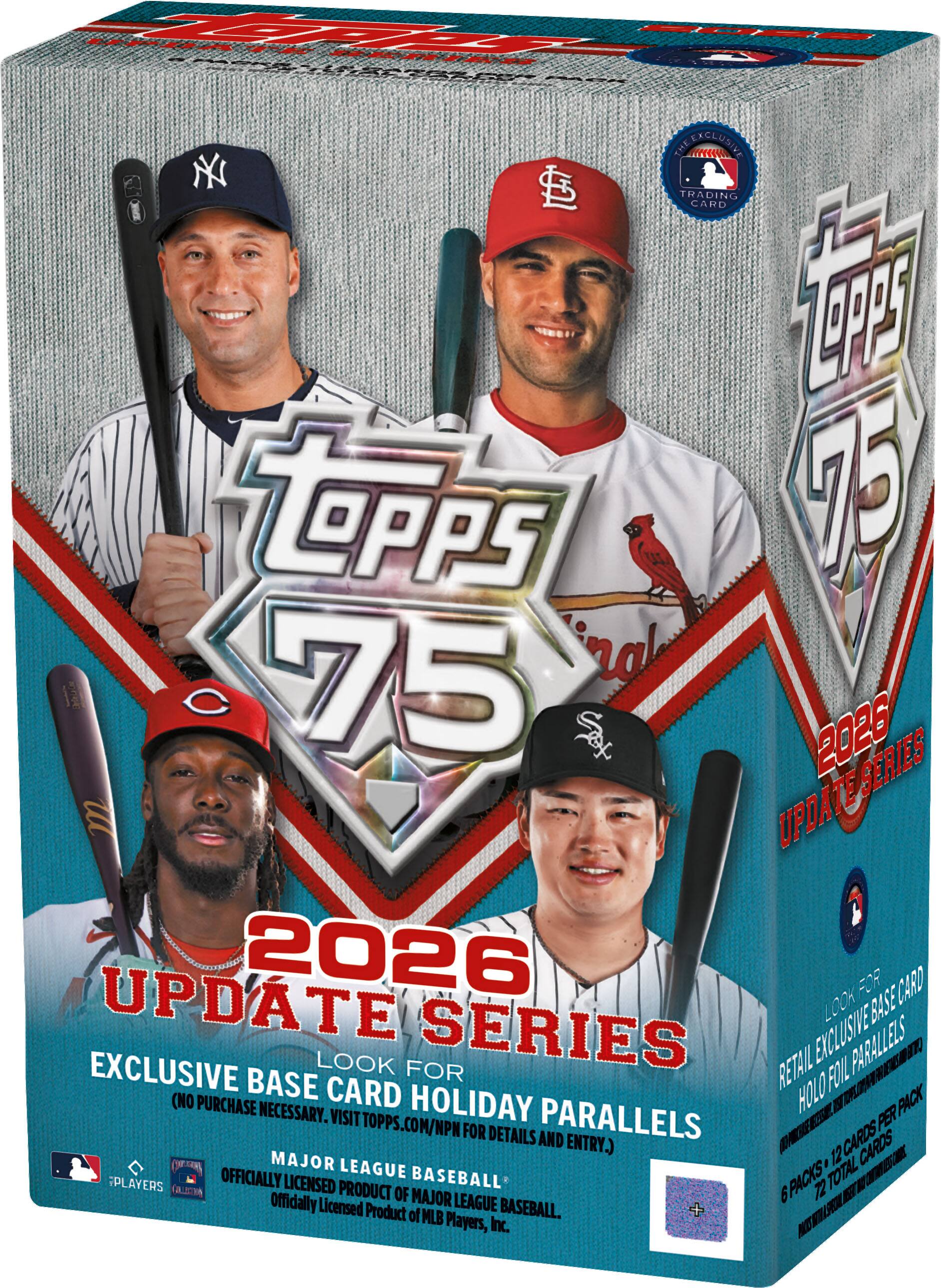 TeRry-C  
NY  
LSL  
UNIVEXCLUSIVE TRADING CARD  
Topps 75 2026 UPDATE SERIES  
UPDATE 2026 FOR E CARD LOOK BASE EXCLUSIVE LOOK FOR SERIES RETAIL EXCLUSIVE PARALLELS BASE CARD HOLO FOIL (NO PURCHASE NECESSARY. VISIT HOLIDAY PARALLELS PER PACK TOPPS.COM/NPM FOR DETAILS AND CARDS ENTRY.)  
CARDS COLORIES MAJOR LEAGUE TOTAL MONISTESTIC PLAYERS OFFICIALLY LICENSED BASEBALL 6 PACKS CALORIES  
Officially PRODUCT OF MAJOR LEAGUE 6 72 NEET Licensed Product of MLB BASEBALL. + Players, Inc.