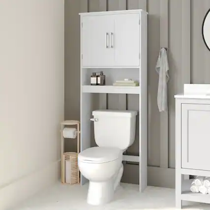 Front. Emma + Oliver - Modern Over the Toilet Cabinet with Shelves and Magnetic Closure Doors - White.