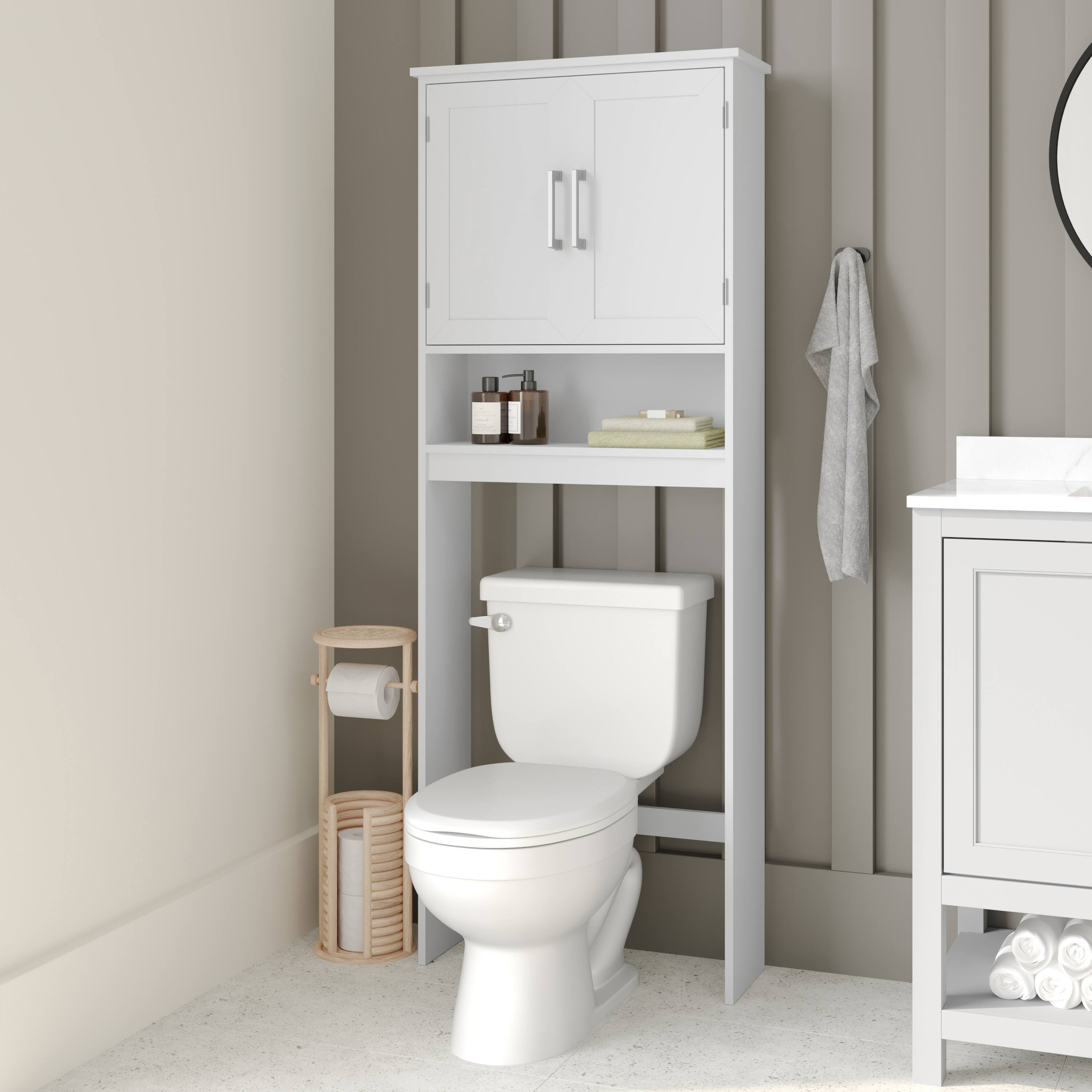 Front. Emma + Oliver - Modern Over the Toilet Cabinet with Shelves and Magnetic Closure Doors - White.