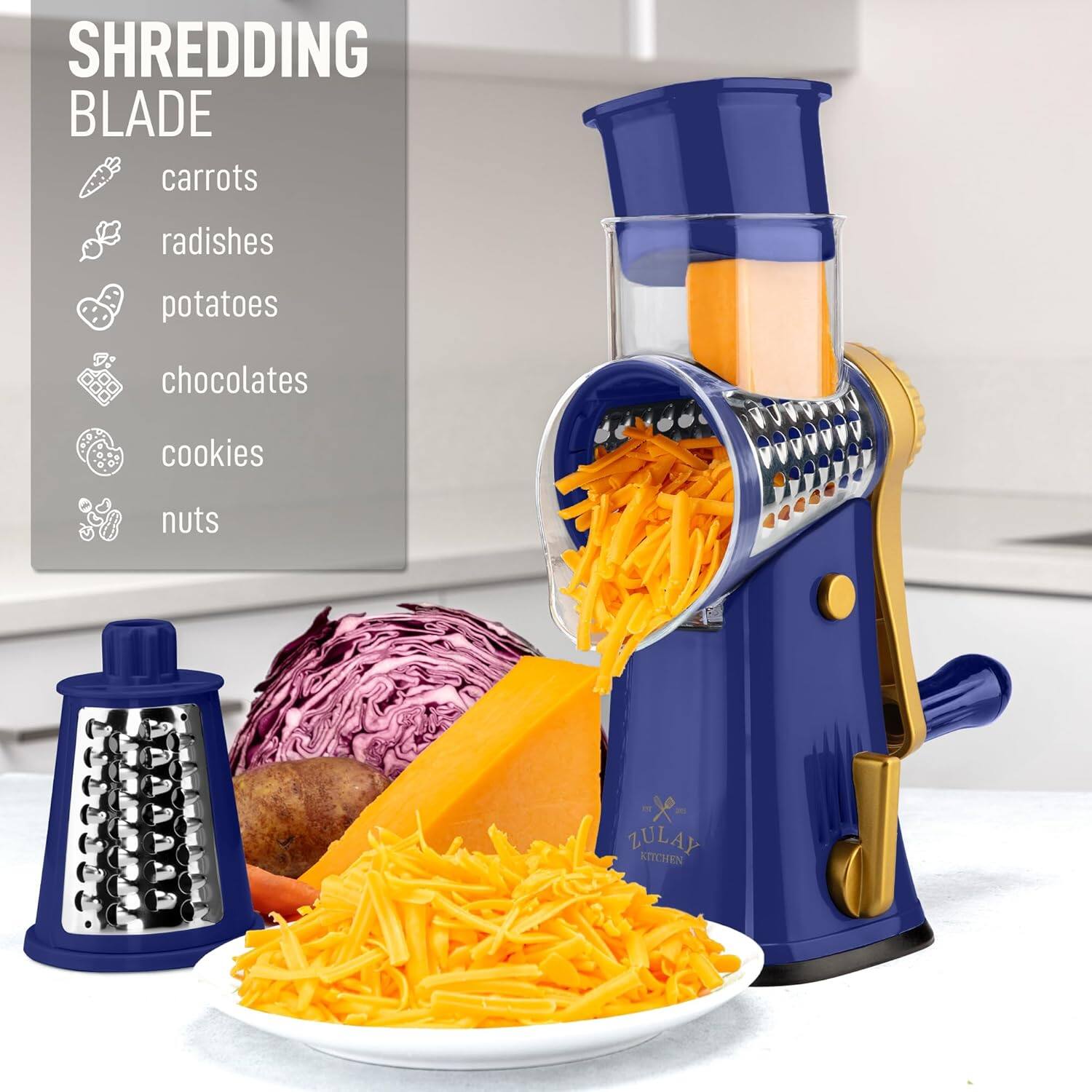 SHREDDING BLADE
carrots
radishes
potatoes
chocolates
cookies
nuts
ZULAY KITCHEN