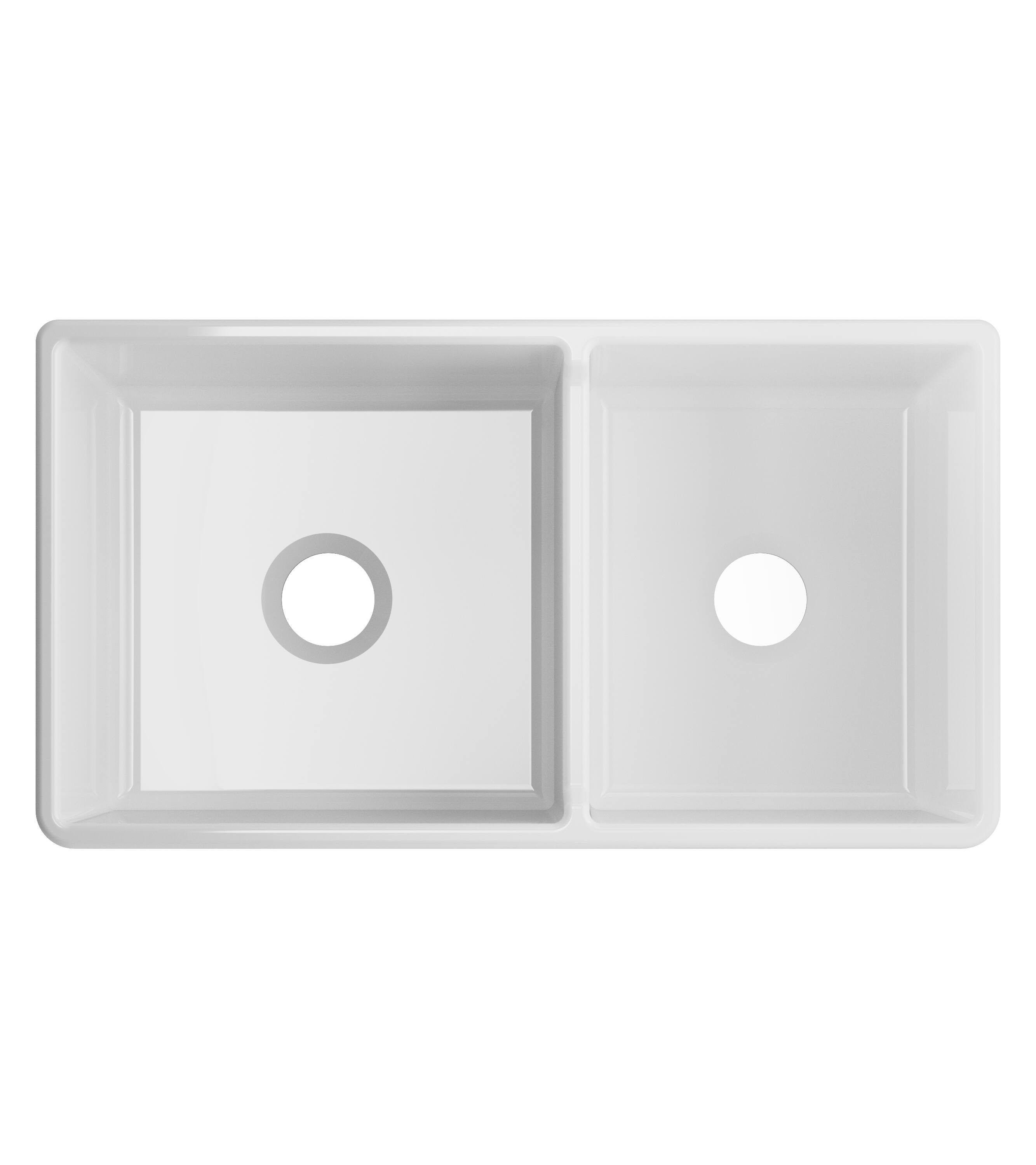 Left. Winpro - Winpro Farmhouse Apron Front Fireclay 33 in. x 18 in. x 10 in. Double Offset Bowl Kitchen Sink in White - White.