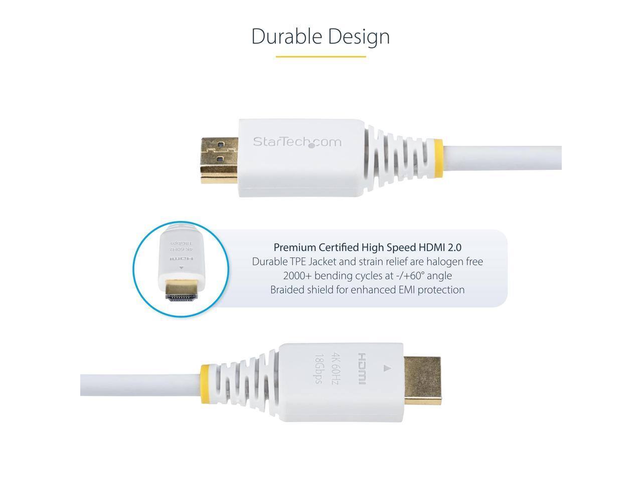 Durable Design

StarTech.com

1Chs 2609 Ne LH

Premium Certified High Speed HDMI 2.0

- Durable TPE Jacket and strain relief are halogen free
- 2000+ bending cycles at -/+60° angle
- Braided shield for enhanced EMI protection

4K 18Gbps 60Hz HDMI