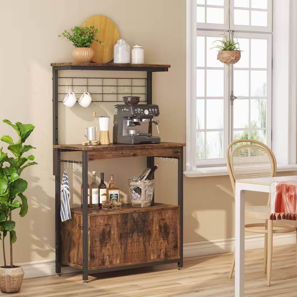 Angle. SlickBlue - Rustic Brown Industrial Kitchen Baker’s Rack with Storage Cabinet and Microwave Shelf - Rustic Brown.