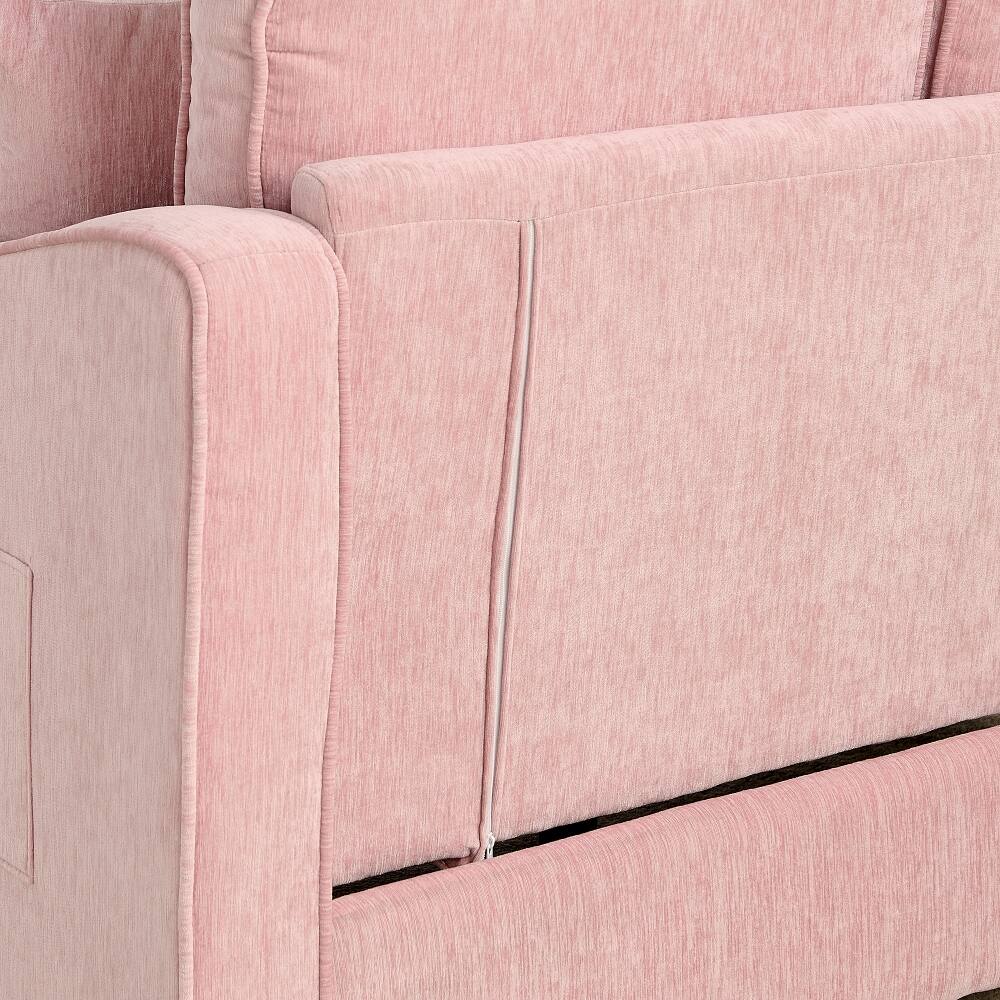 Alt View 1. Loheer - Loheer Pink Two-Seater Sofa Corduroy Double Sofa Chaise Longue with Storage Footrest and Throw Pillows - Pink.
