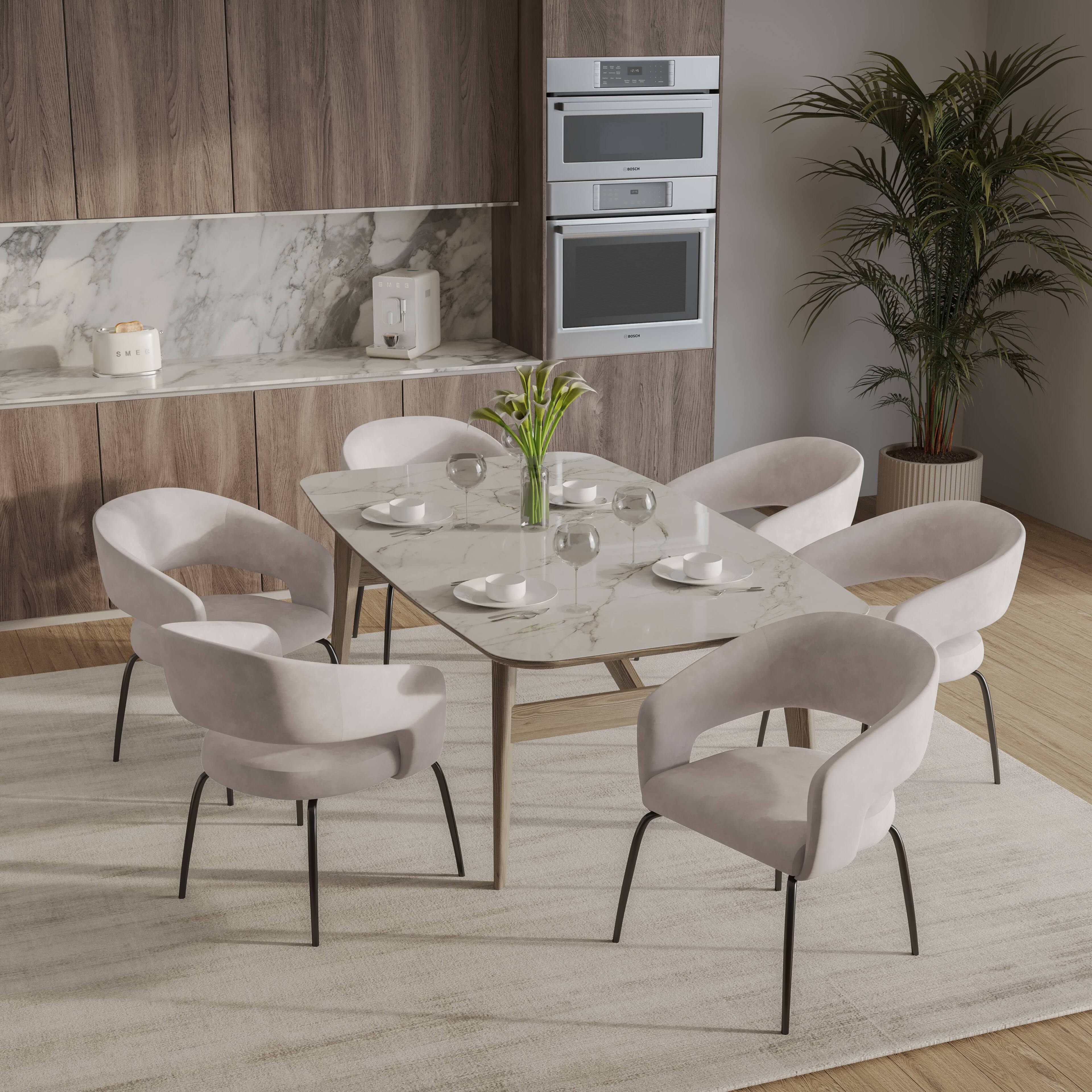 Angle. LeisureMod - Gavin Modern Upholstered Dining Chair, Open Back Velvet/PU Leather Accent Chair with Metal Legs - Beige Velvet.